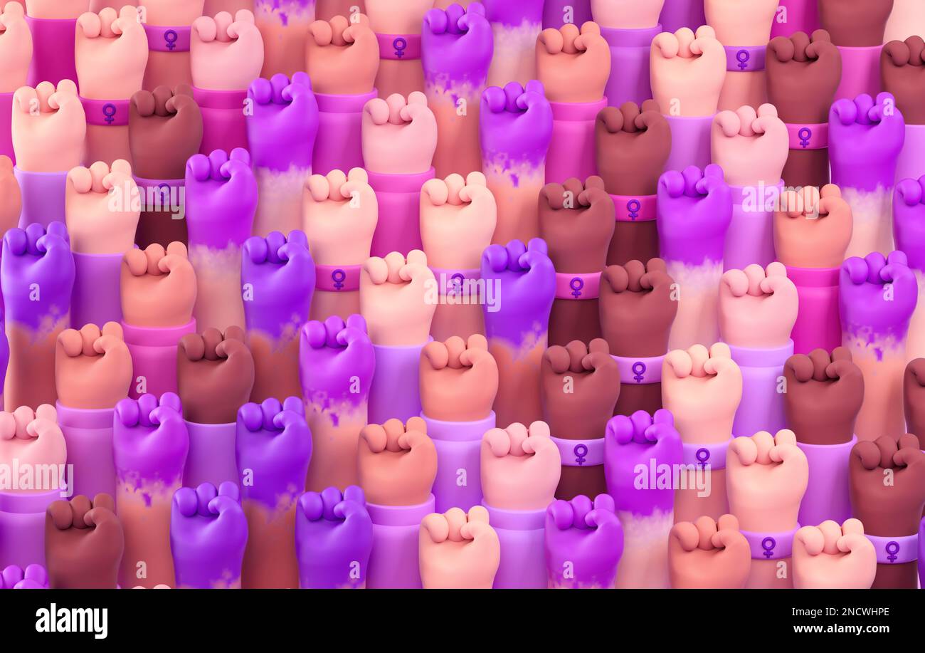 Multi-ethnique a élevé des poings de femmes pour la Journée internationale des femmes et l'activisme féministe en 3D illustration de dessins animés. 8 mars pour l'indépendance, empow Banque D'Images