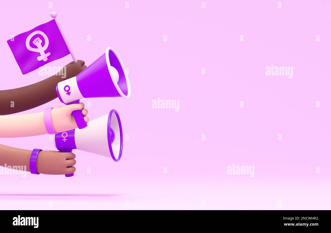 Circulaire de la Journée internationale des femmes avec des femmes militantes multiethniques mains, drapeau, mégaphones et espace de copie en 3D illustration. Affiche pour le féminisme, l'indepe Banque D'Images