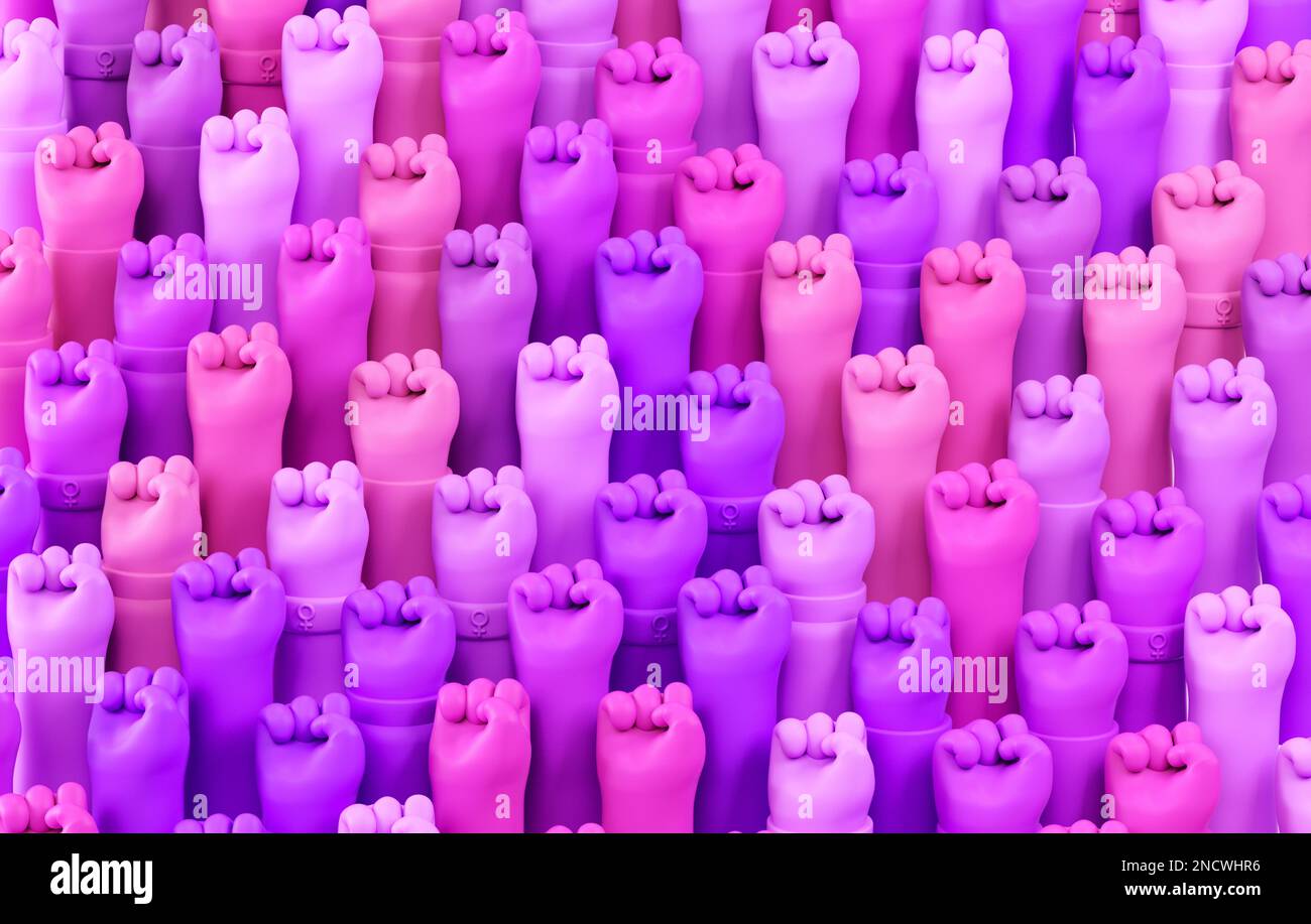 Multi violet a élevé les poings des femmes pour la Journée internationale de la femme et le mouvement féministe en 3D illustration de dessins animés. 8 mars pour l'indépendance, vide Banque D'Images