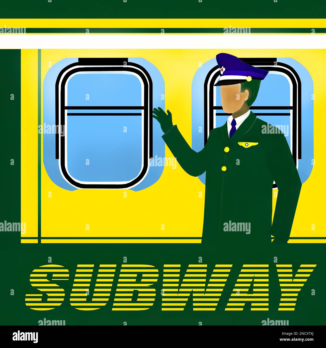 Illustration d'un conducteur de métro en uniforme vert debout à l'extérieur du wagon Banque D'Images