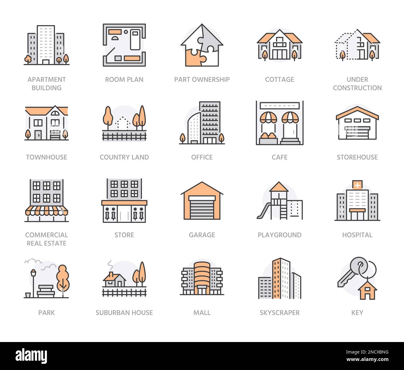 Ensemble d'icônes de l'immobilier. Vente de maison, bâtiment commercial, zone de la maison de campagne, gratte-ciel, centre commercial, illustrations vectorielles de jardin d'enfants Illustration de Vecteur