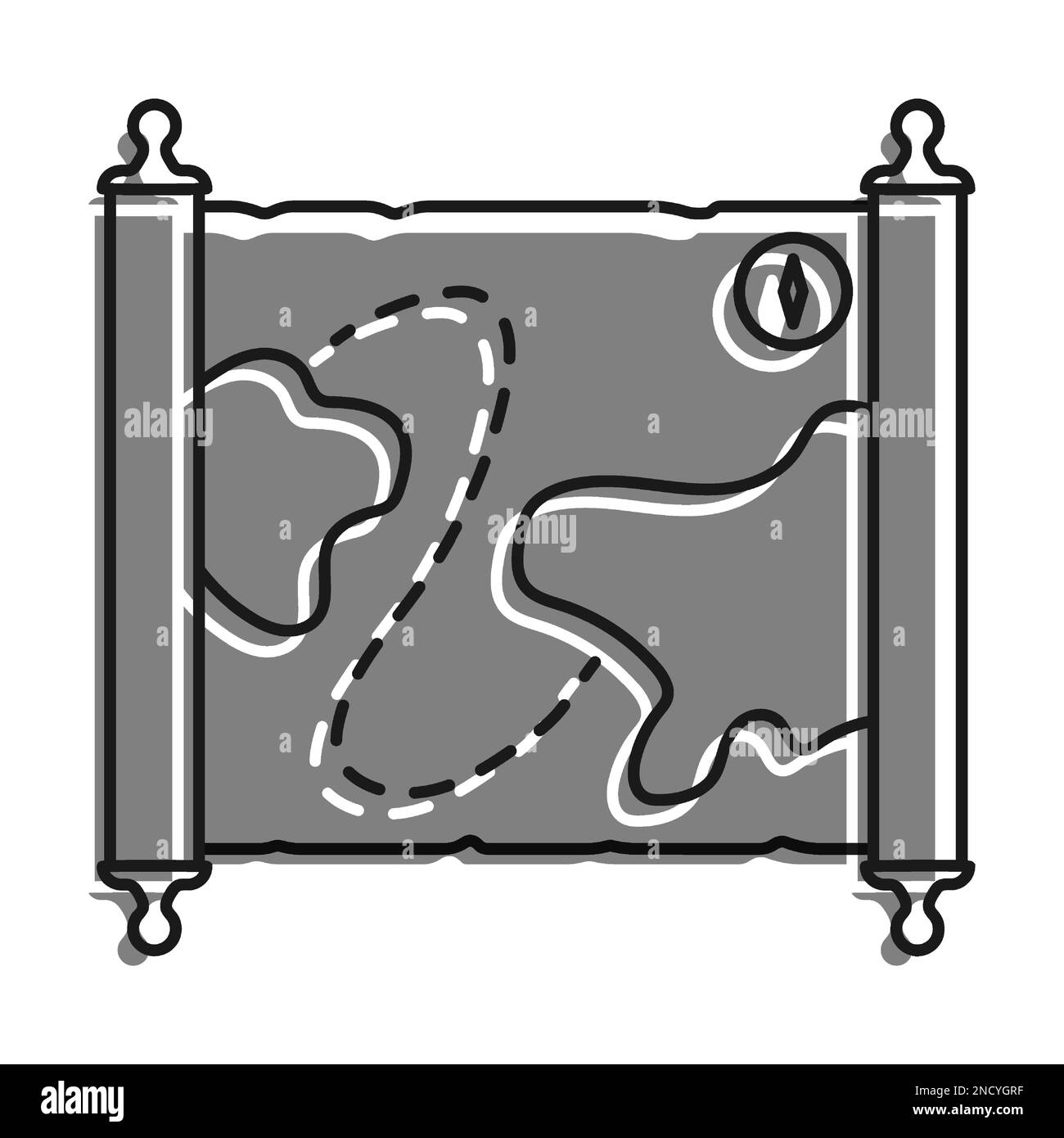 Ancienne carte remplie d'une icône de couleur grise. Papier papyrus enroulé. Lettres médiévales et cartes de Trésor de pirate. Vecteur noir et blanc simple Illustration de Vecteur