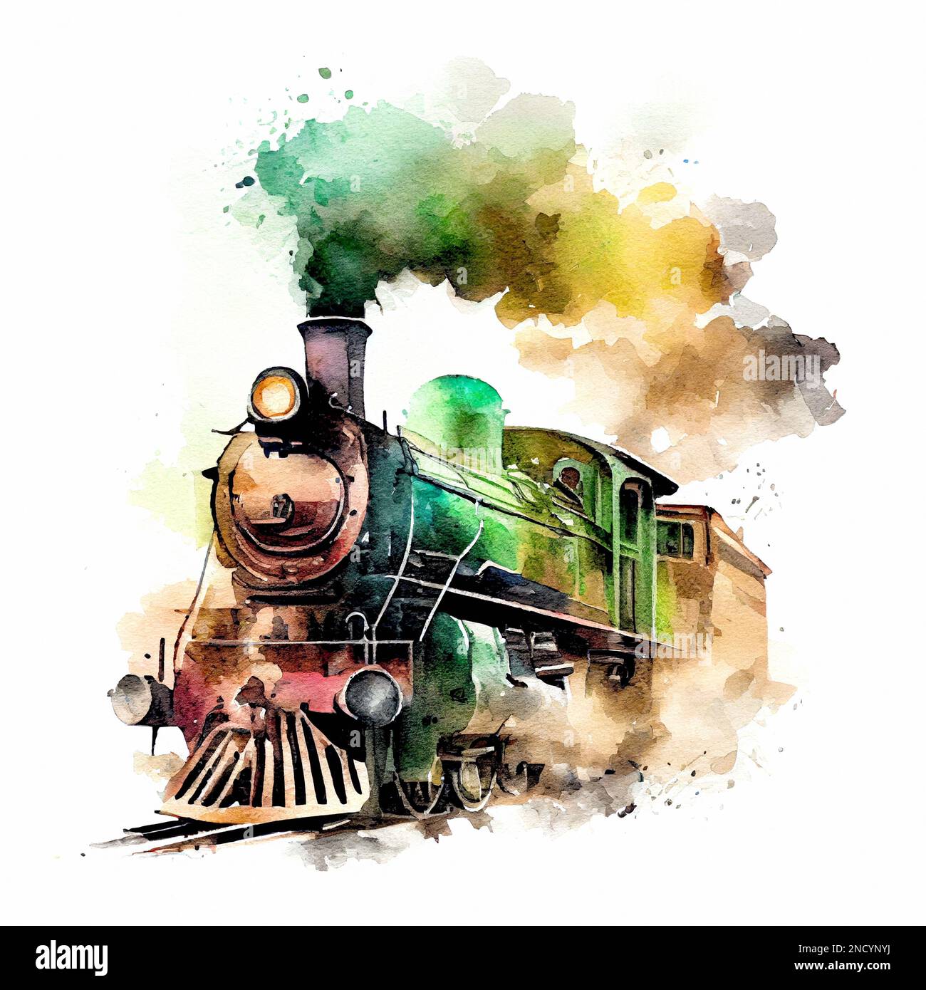 Ancienne locomotive à vapeur vintage isolée sur fond blanc aquarelle illustration dessinée à la main Banque D'Images