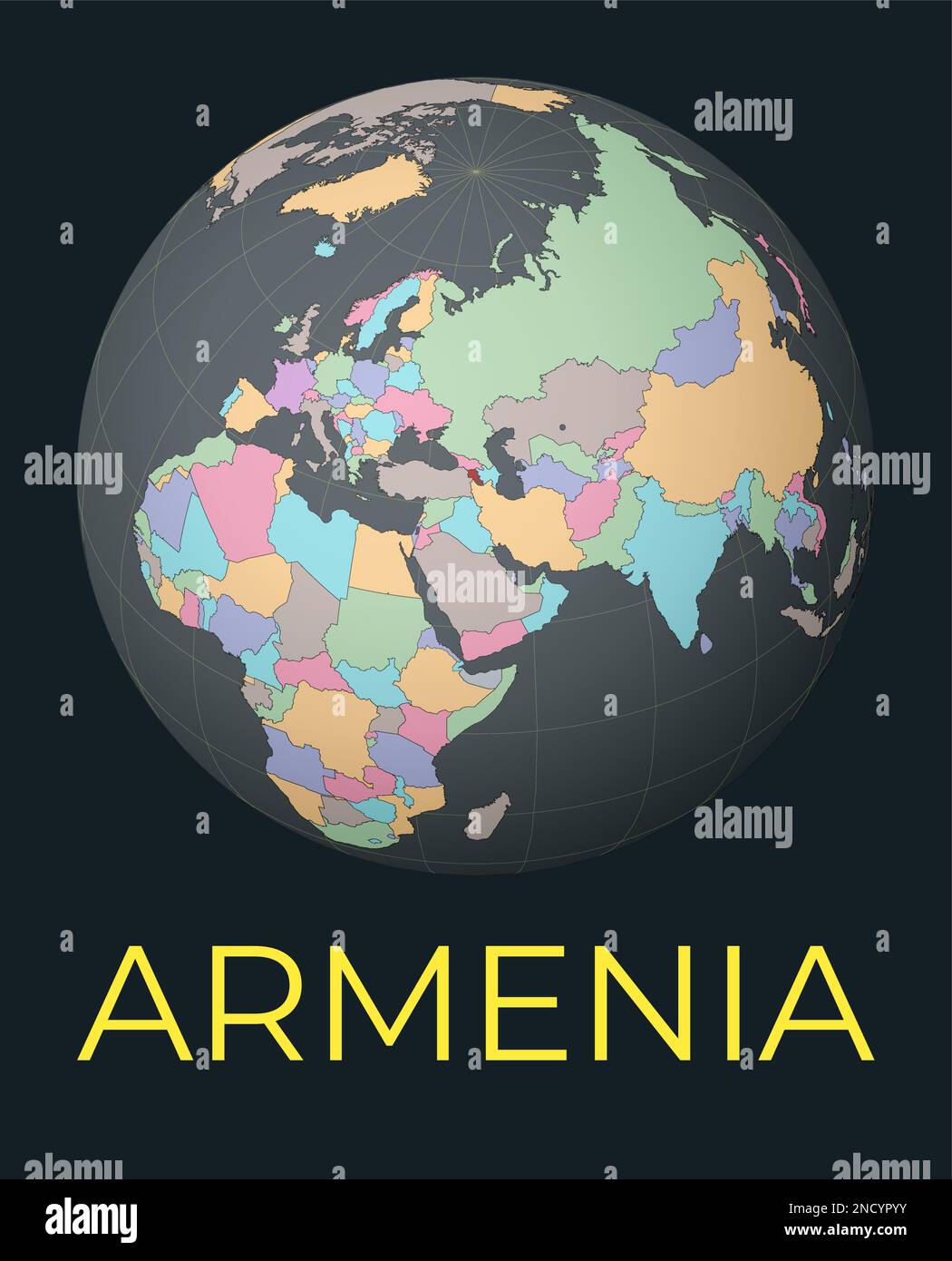 Carte du monde centrée sur l'Arménie. Pays rouge mis en surbrillance. Vue mondiale satellite centrée sur le pays avec le nom. Illustration vectorielle. Illustration de Vecteur