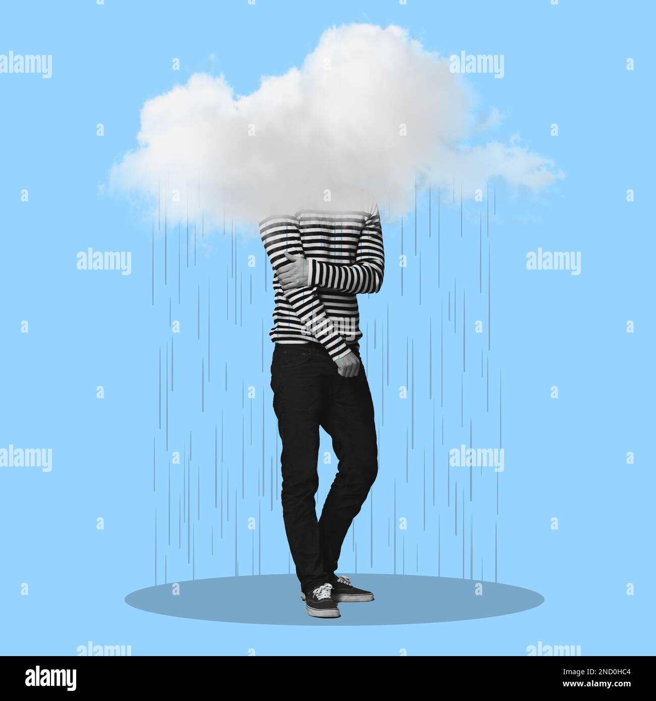 Homme, nuage et pluie pour la dépression art, santé mentale ou triste par fond bleu avec ombre sur silhouette. Jeune génération de gars, punk esthétique et Banque D'Images