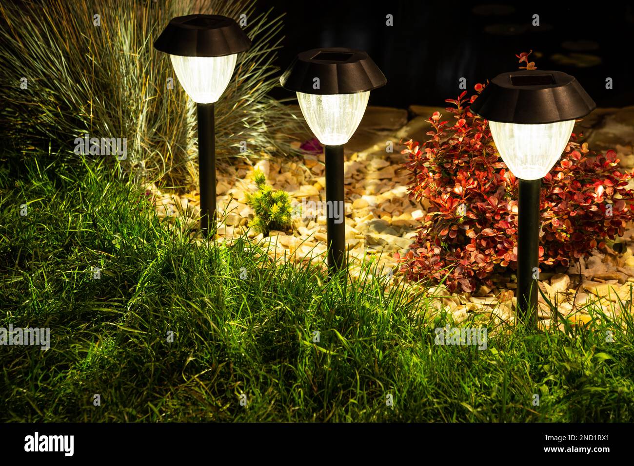 Petite décoration lumière solaire de jardin, lanternes en lit de fleur. La conception des jardins. Lampe à énergie solaire Banque D'Images