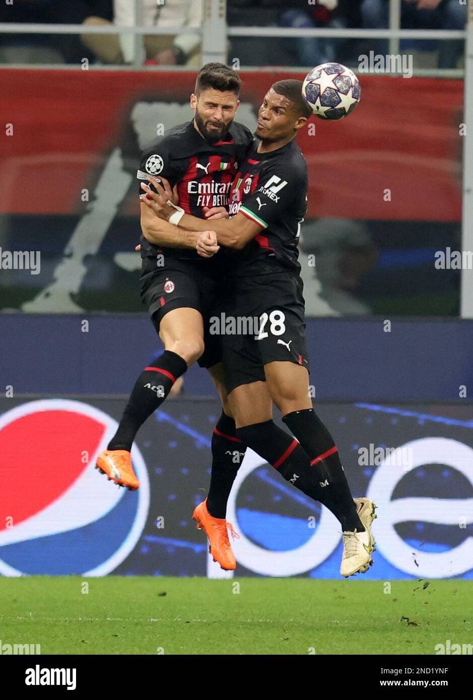 Milan 14 février 2023 Stade G. Meazza Ligue des champions de l'UEFA 2022/23 AC Milan Tottenham Hotspur dans la photo :Olivier Giroud et Malick Thiaw a.c. milan Banque D'Images