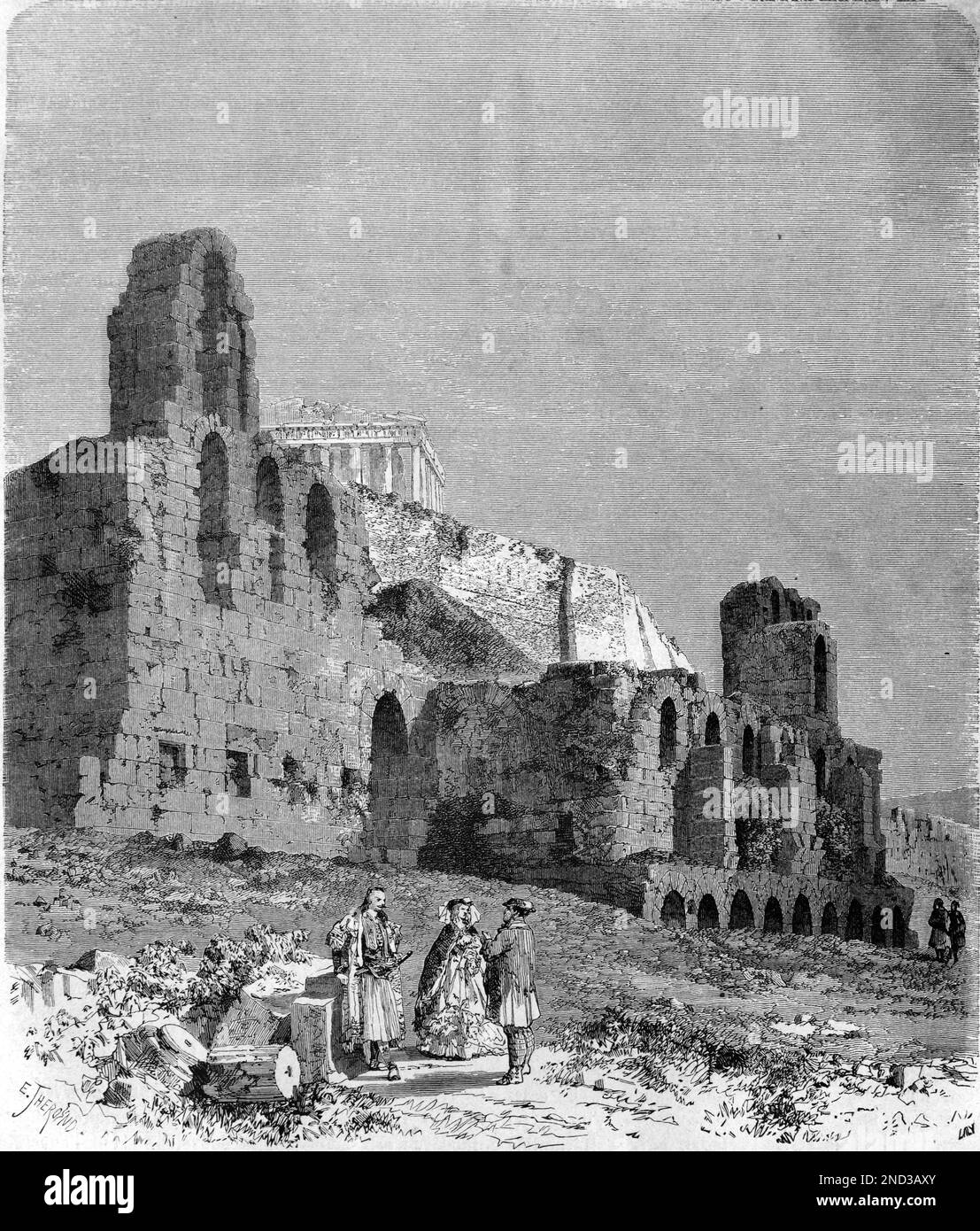 Odéon de Herodes Atticus, Herodeon ou Herodeion (AD161) Théâtre romain avec Parthénon en arrière-plan, Acropole Athènes Grèce. Gravure ancienne ou illustration 1862 Banque D'Images