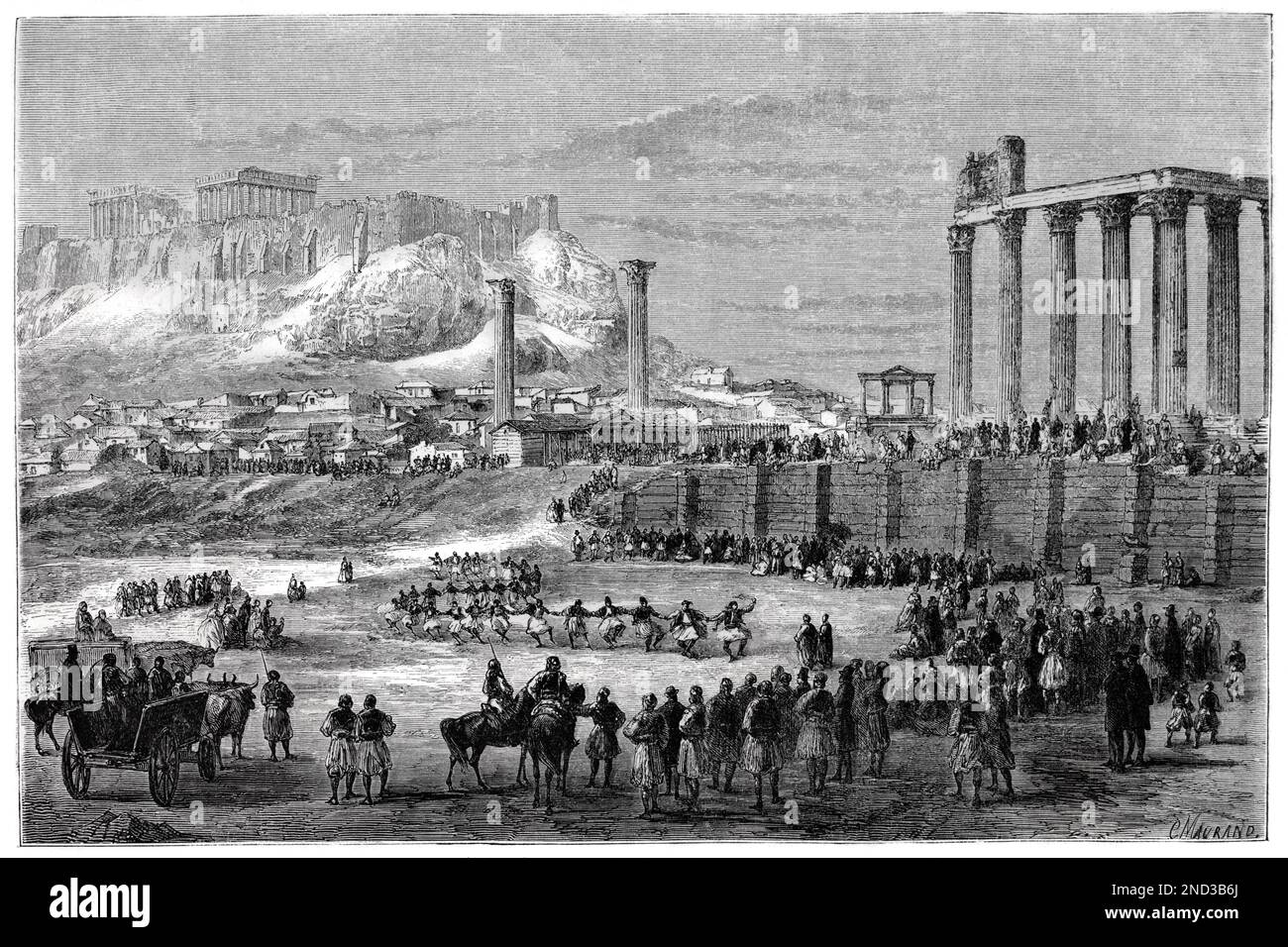 Festival de Carême avec danseurs folkloriques au Temple de Zeus Olympian, alias Olympieiion ou colonnes de Zeus Olympian (561/527BC - 131AD) Athènes Grèce. Gravure ancienne ou illustration 1862 Banque D'Images