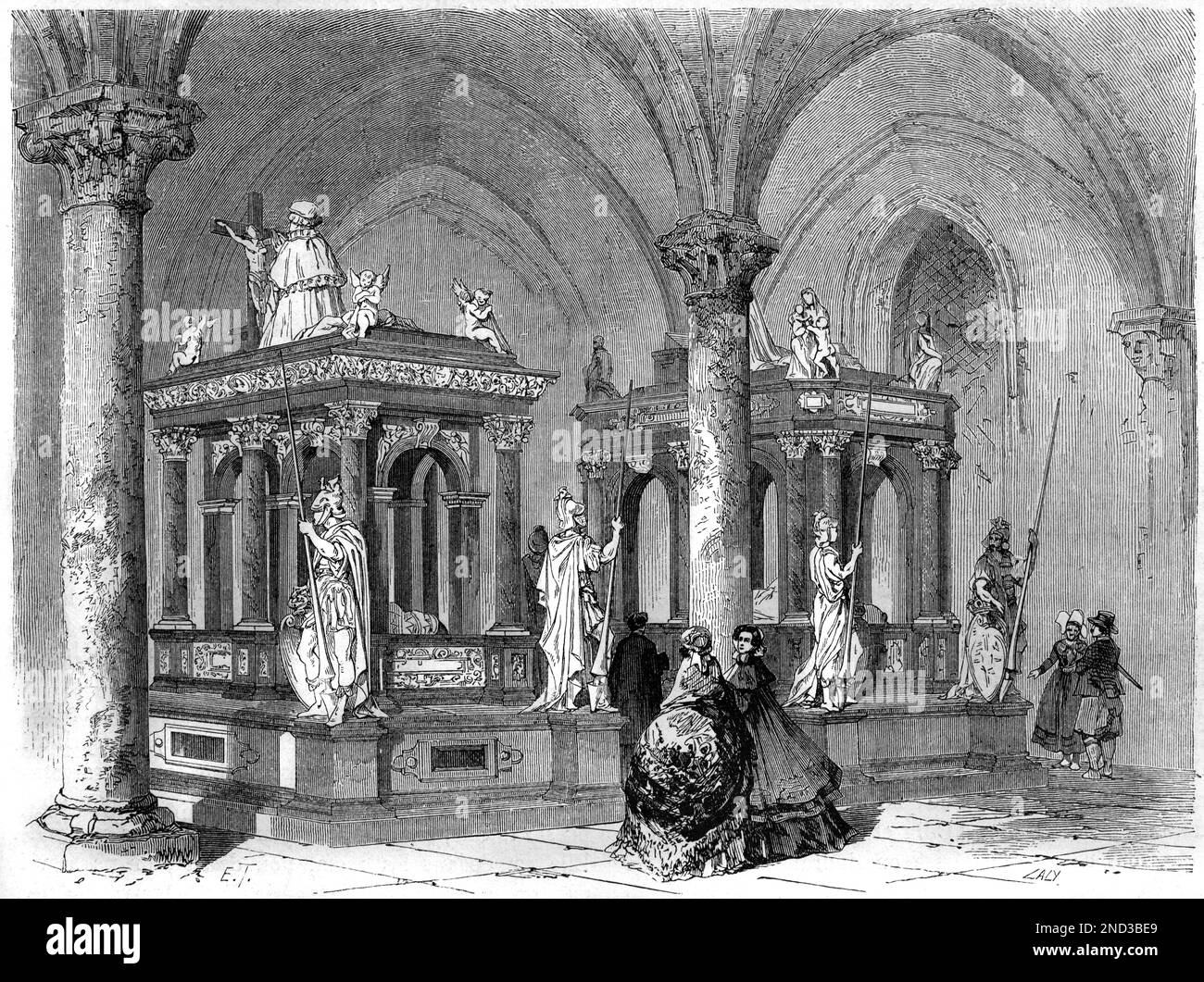 Tombes de rois danois ou de monarques danois à l'intérieur de la cathédrale de Roskilde (c1170-1636 consacrée en 1225) Roskilde, Zélande, Danemark. Gravure ancienne ou illustration 1862 Banque D'Images