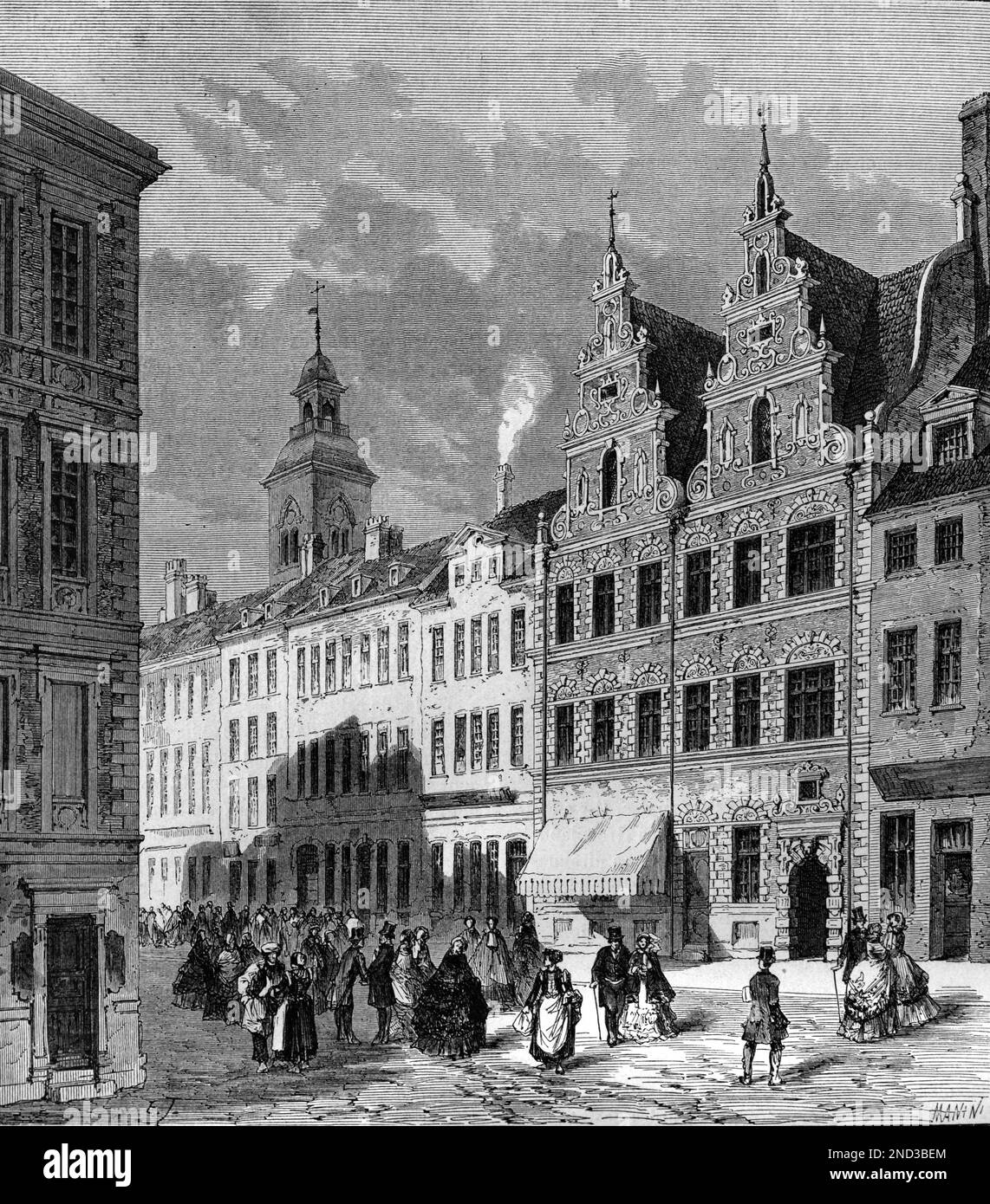Scène de rue avec marché Amager et maison de ville Renaissance, connue sous le nom de Divecke House, Copenhague Danemark. Gravure ancienne ou illustration 1862 Banque D'Images