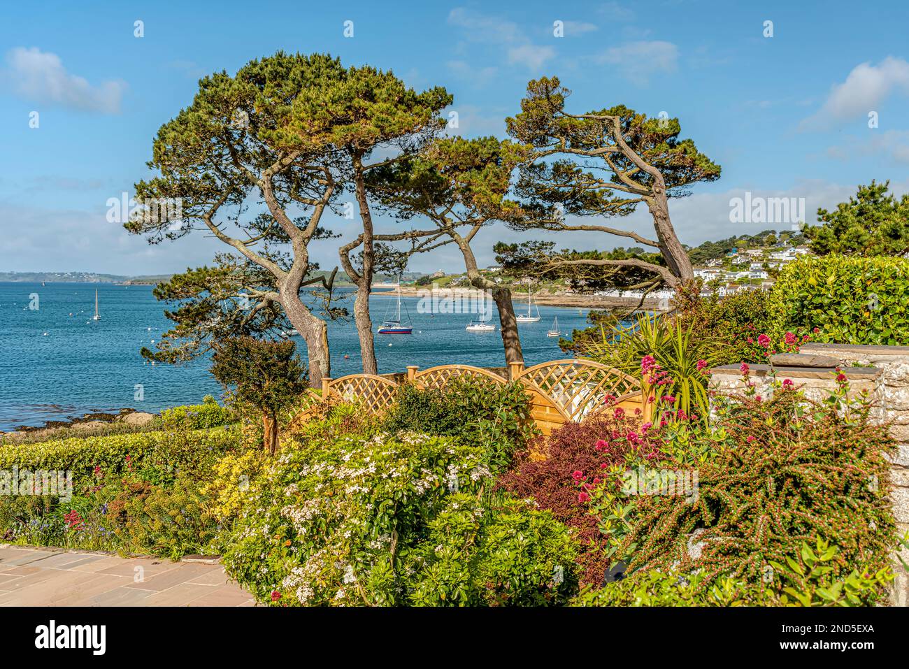 Vue depuis un jardin sur la côte pittoresque près du village de pêcheurs St.Mawes, Cornouailles, Angleterre, Royaume-Uni Banque D'Images