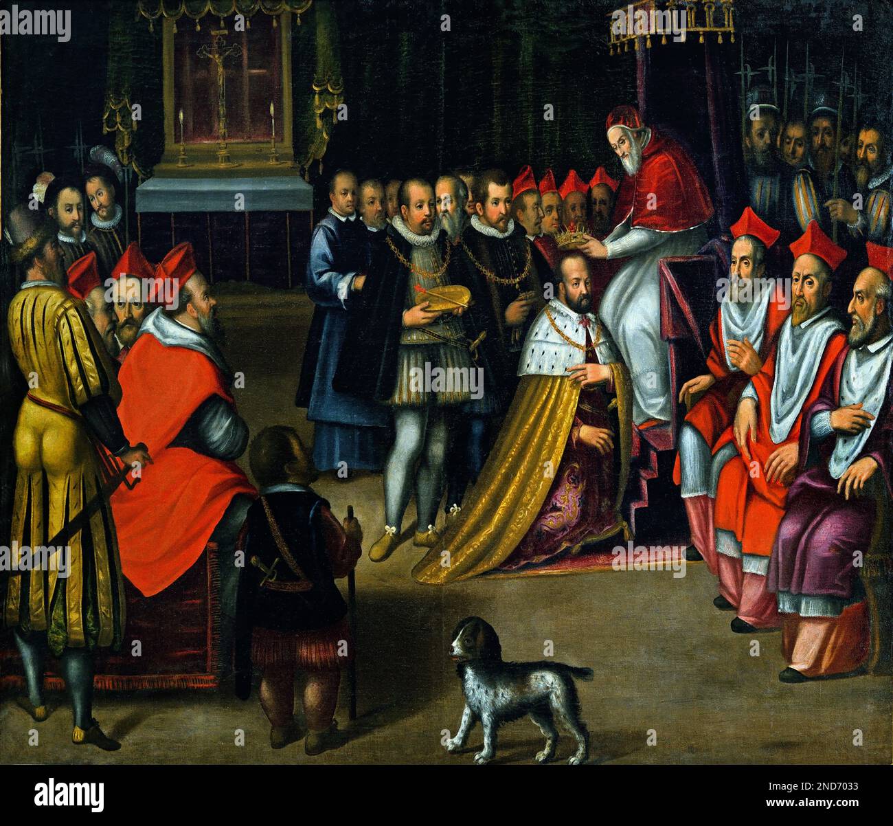 Pope Pie V, couronnes Cosimo I, Grand Duc de Toscane, 1569, peinture est dans le, Cappelle Medicee, 16th siècle, Tine Art Museum, Italie, Italien, Banque D'Images