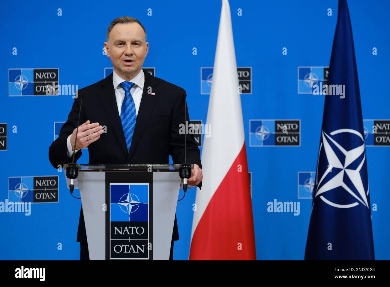 Bruxelles, Belgique. 15th févr. 2023. Le Secrétaire général de l'OTAN, M. Jens Stoltenberg, et le Président polonais, M. Andrzej Duda, donnent une conférence de presse sur 15 février 2023 au siège de l'OTAN à Bruxelles, en Belgique. Crédit: ALEXANDROS MICHAILIDIS/Alamy Live News Banque D'Images