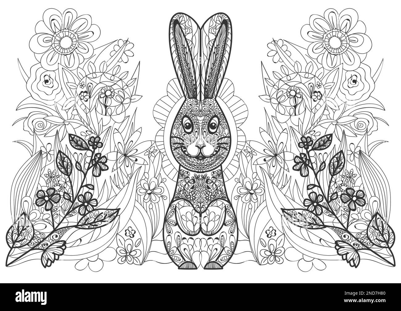 Joli petit lapin et fleurs sur fond blanc, illustration. Page de coloriage Banque D'Images