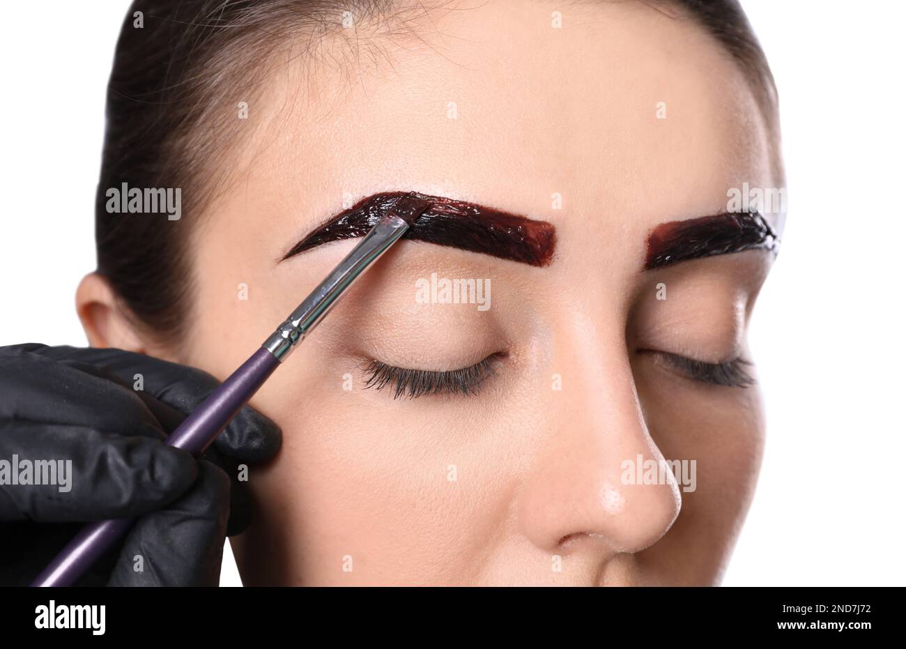 Esthéticienne appliquant la teinte pendant la procédure de correction des sourcils sur fond blanc, gros plan Banque D'Images