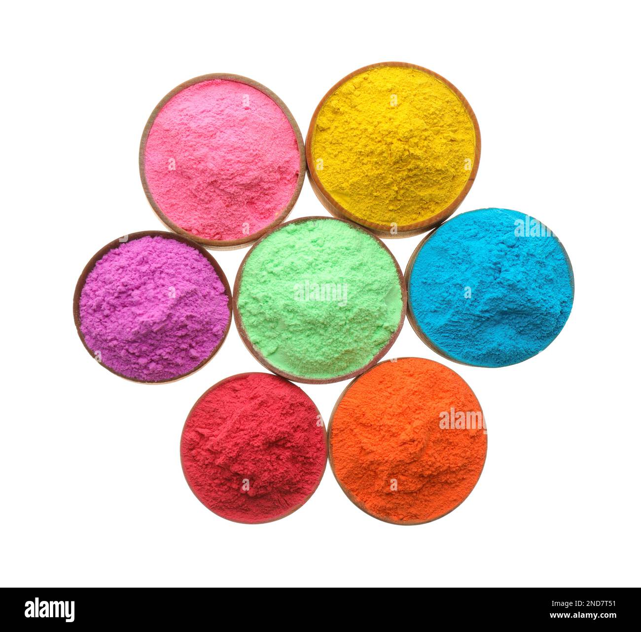 Poudres colorées dans des bols sur fond blanc, vue du dessus. Fête de Holi Banque D'Images