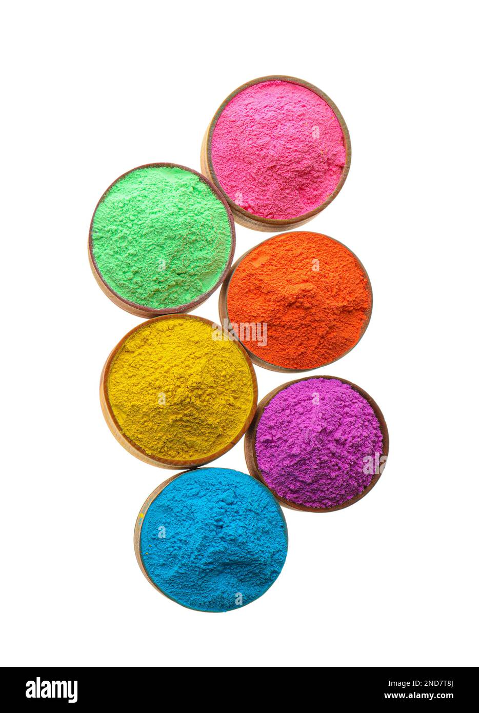 Poudres colorées dans des bols sur fond blanc, vue du dessus. Fête de Holi Banque D'Images