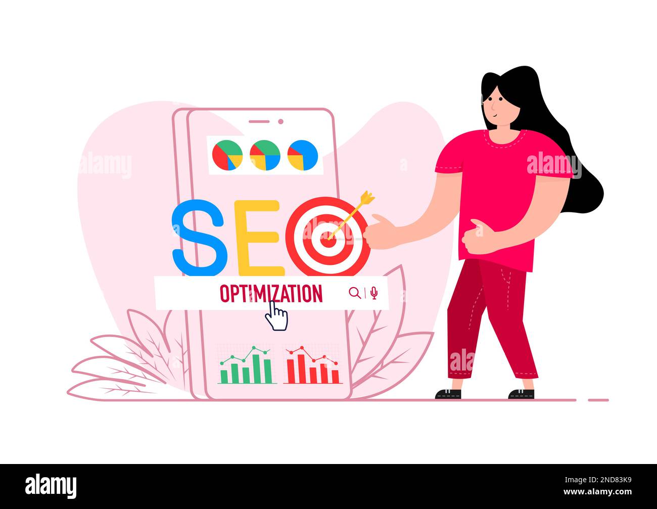 Une femme se tient près du smartphone, sur l'écran optimisation SEO. Analyse Web et marketing seo. Illustration de Vecteur