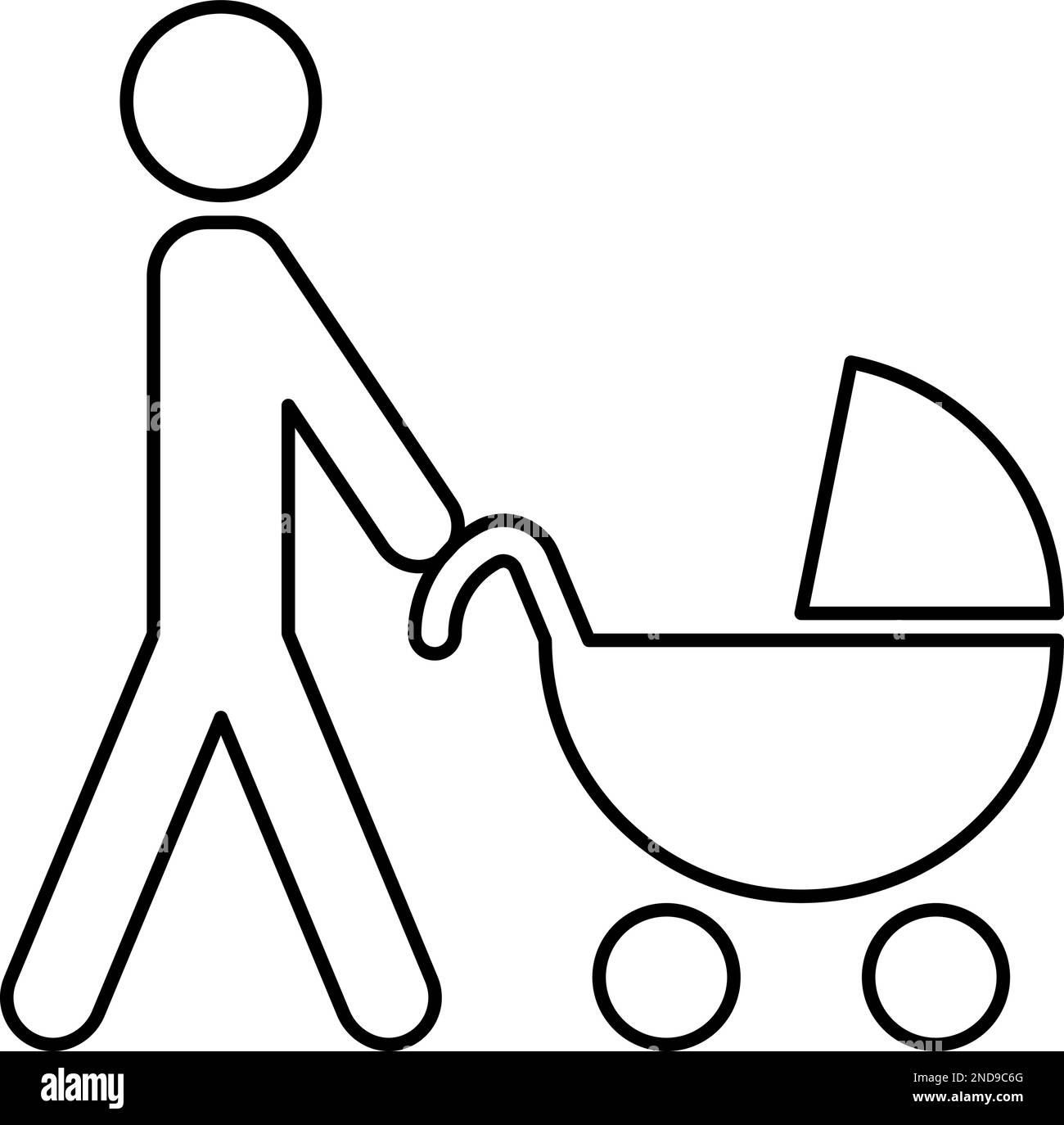 Homme poussant le vérin. Le père marche avec un petit bébé. Icône linéaire Illustration de Vecteur