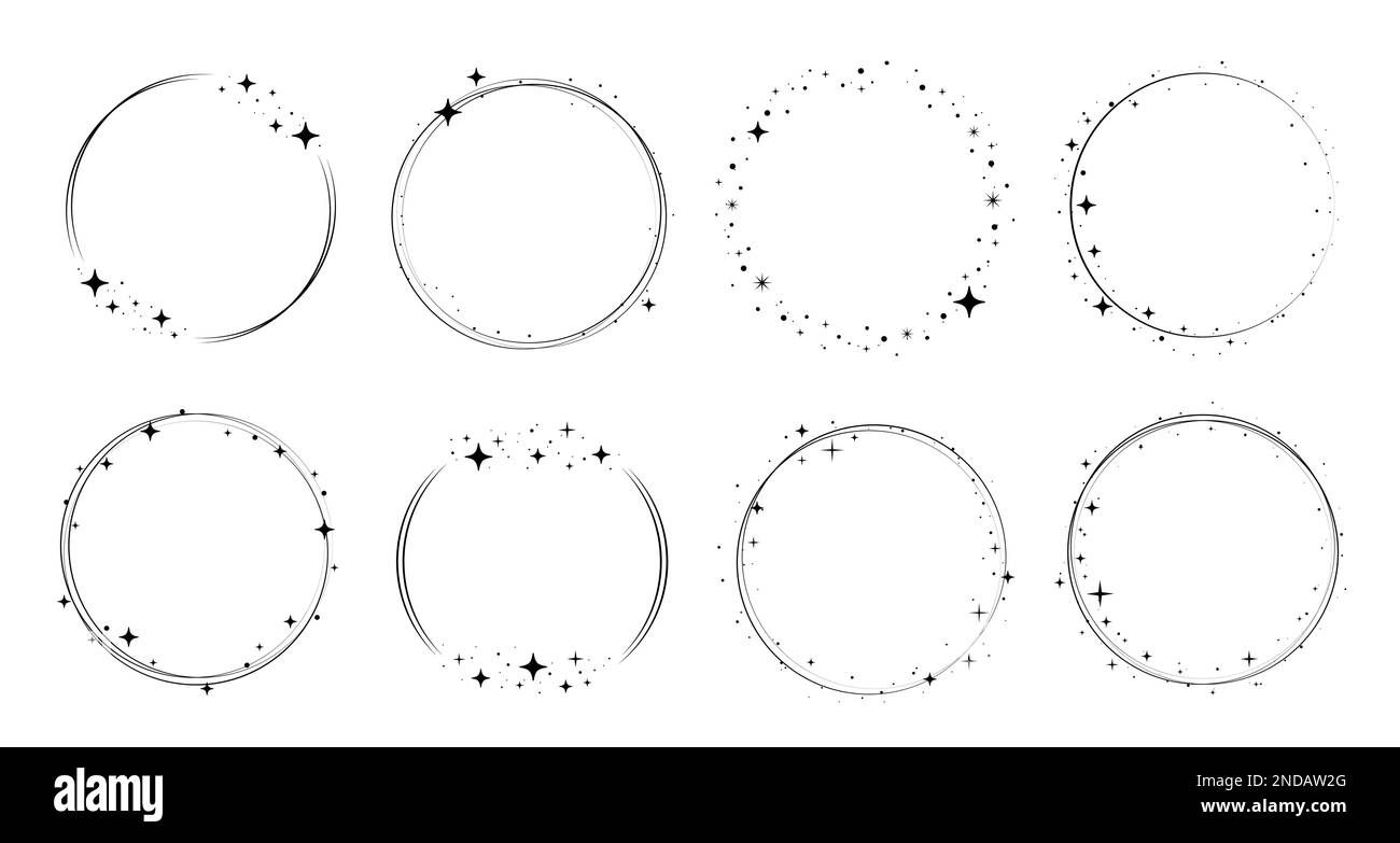 Ensemble de cadres de bordure circulaire en étoile. Cadre en forme de cercle brillant. Couronne ronde bordure stardust pour fête, décoration d'anniversaire. Cadre Laurel brillant cosmique. Illustration vectorielle. Illustration de Vecteur