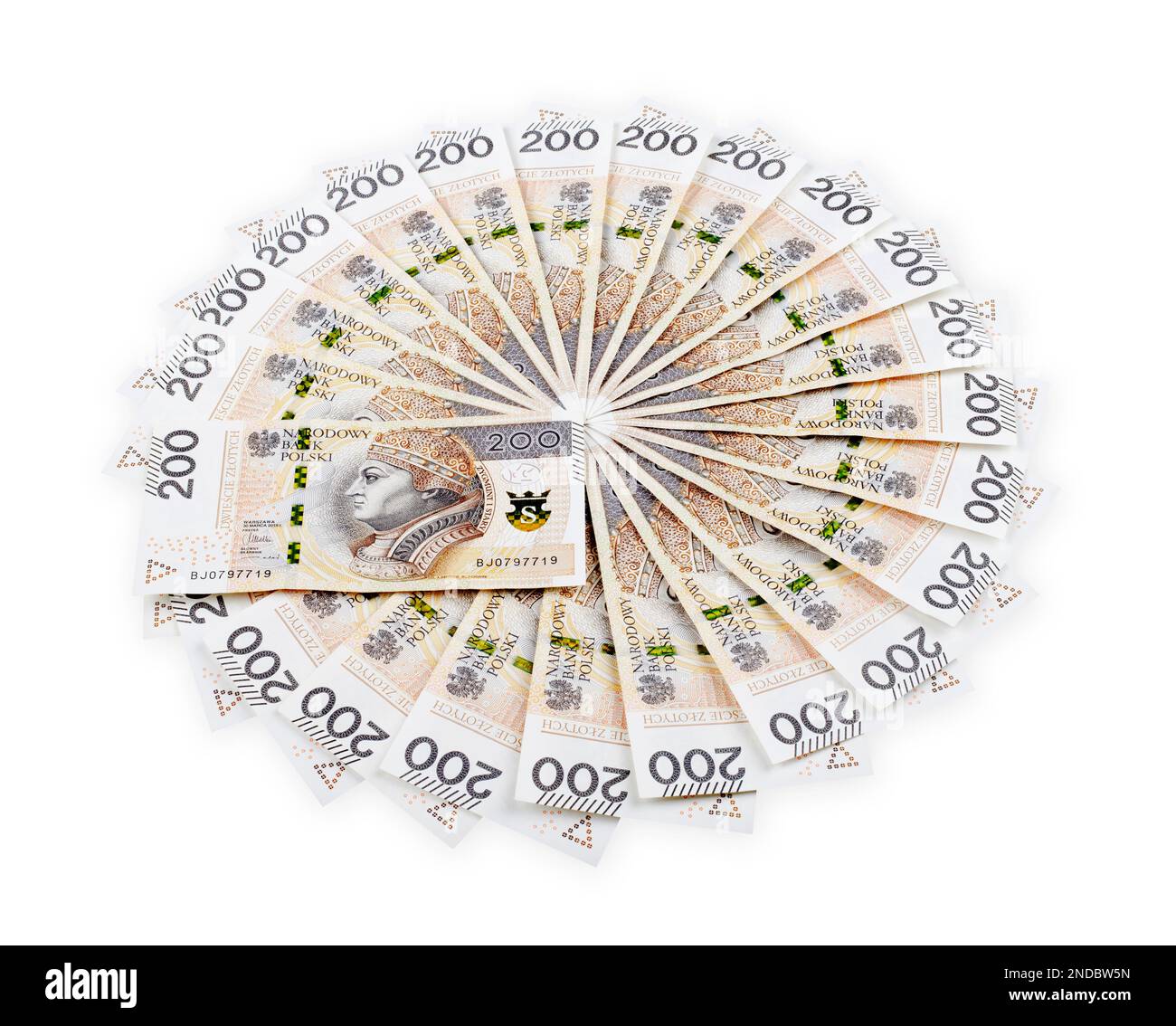 Lot de billets polonais de 200 zlotys en cercle. Isolé sur blanc. Masque inclus. Banque D'Images