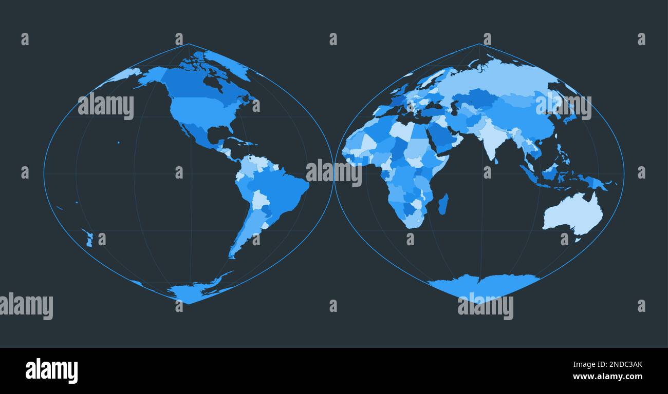 Carte du monde. Projection authalique quartique interrompue en deux hémisphères. Illustration du monde futuriste pour votre infographie. Belle palette de couleurs bleues. Illustration de Vecteur
