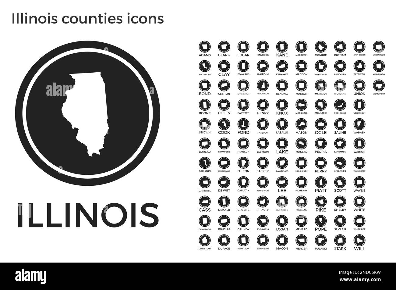 Icônes des comtés de l'Illinois. Logos ronds noirs avec les cartes et titres des comtés de l'État. Illustration vectorielle. Illustration de Vecteur