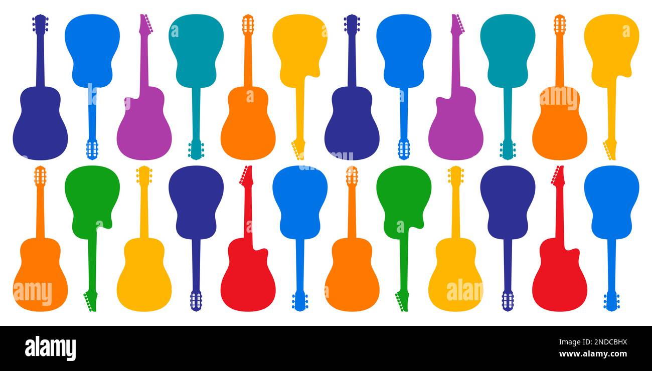 Guitares colorées de style différent sur fond blanc, fond vectoriel musical de style moderne. Illustration de Vecteur
