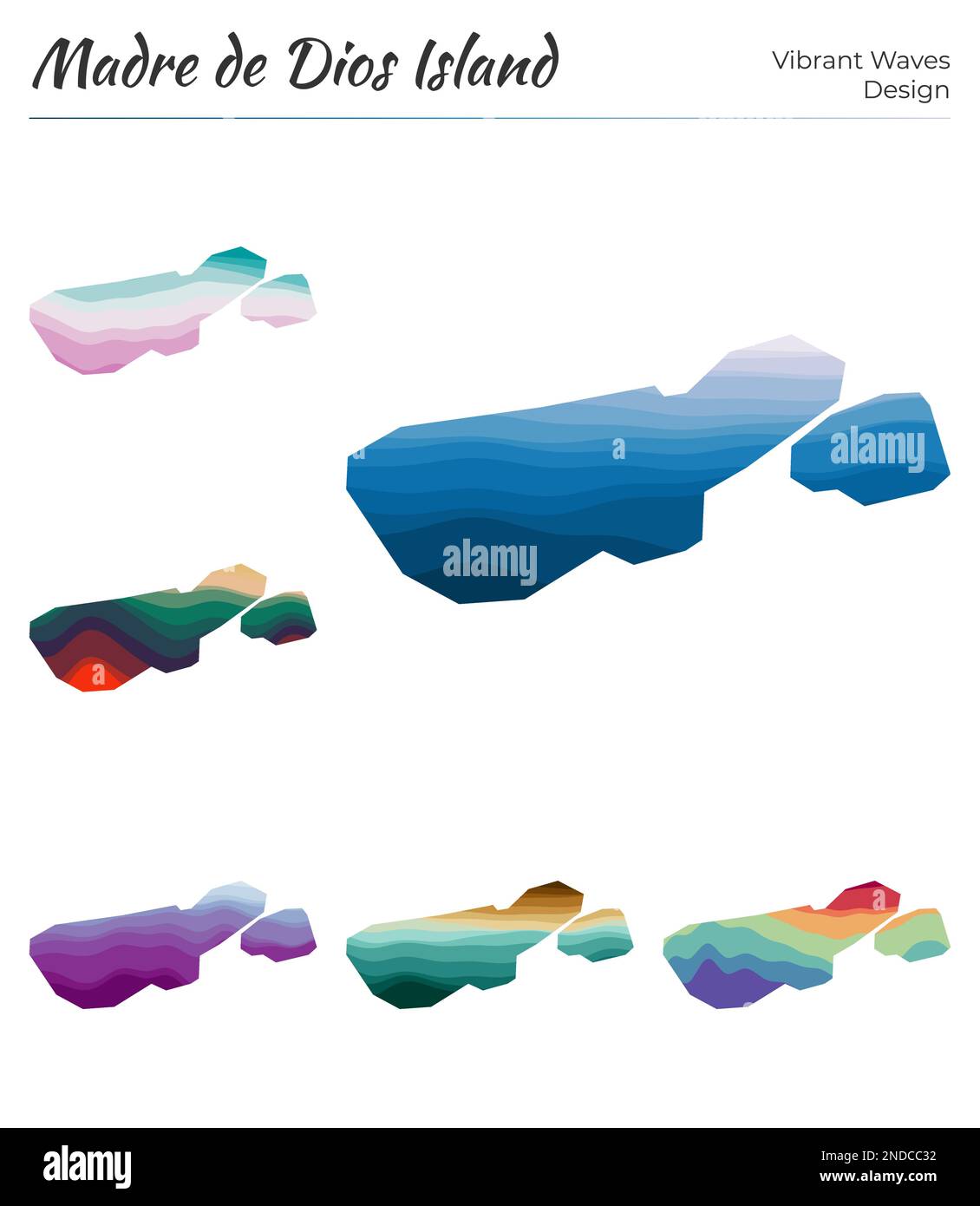 Ensemble de cartes vectorielles de l'île Madre de Dios. Motif vagues éclatantes. Carte lumineuse dans un style de courbes lisses géométriques. Illustration de Vecteur