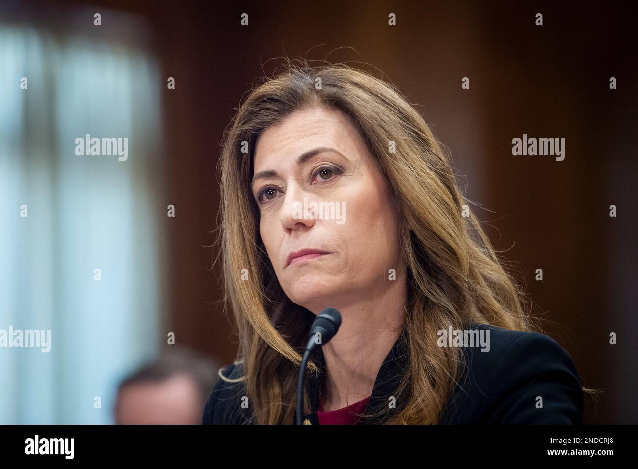 Washington, États-Unis d'Amérique. 15th févr. 2023. Anne Milgram, administratrice, Drug Enforcement Administration, États-Unis Le ministère de la Justice répond aux questions lors d'une audience du Comité sénatorial des relations étrangères visant à examiner la lutte contre le trafic illicite de fentanyl dans l'édifice Dirksen du Bureau du Sénat à Washington, DC, mercredi, 15 février 2023. Crédit: Rod Lamkey/CNP/Sipa USA crédit: SIPA USA/Alay Live News Banque D'Images