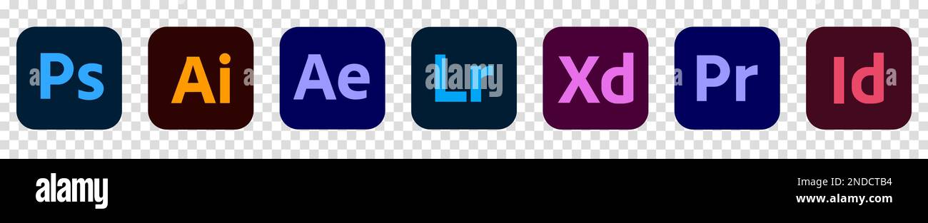 Icônes des produits Adobe. Photoshop, Illustrator, After Effects, Lightroom, Experience Design, Adobe Premiere Pro, InDesign, Animate Illustration de Vecteur