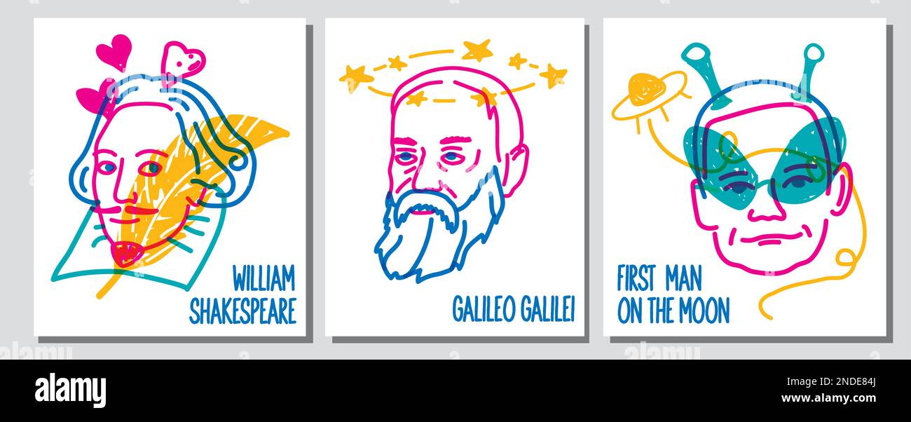 Illustration en ligne des personnages célèbres Armstrong, william Shakespeare, Galileo Illustration de Vecteur