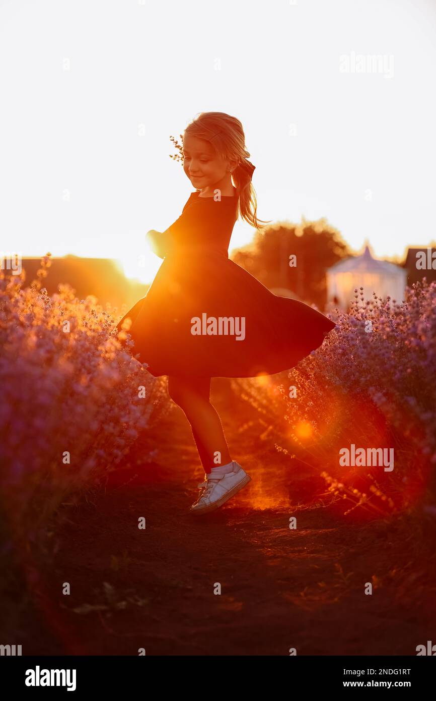 jolie fille avec un bouquet de fleurs de lavande dans ses mains marche dans le champ de lavande sur la lumière du coucher du soleil. Enfant en robe noire, c'est s'amuser dans la nature pendant les vacances d'été Banque D'Images