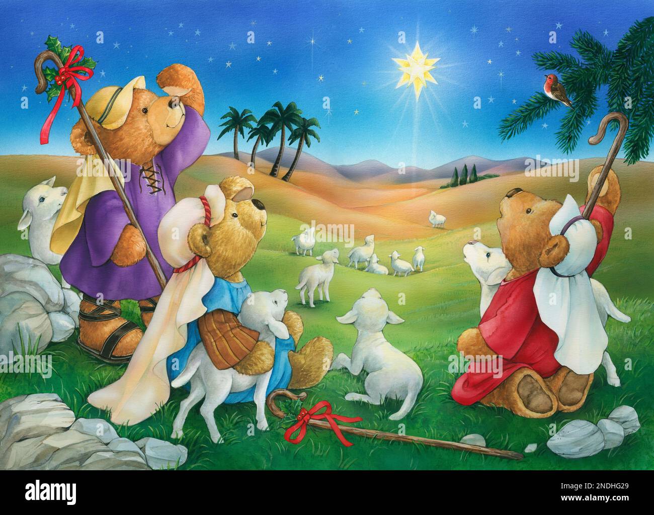 Teddy scène de Noël bergers avec troupeau regardant l'étoile Banque D'Images