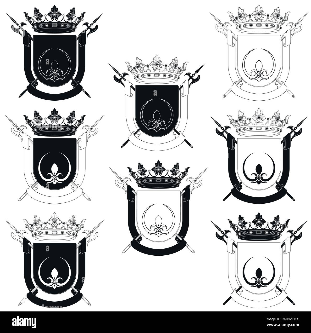 Motif vectoriel de bouclier héraldique du Moyen âge, blason avec fleur de lis, symbole héraldique, halberd, couronne et ruban Illustration de Vecteur