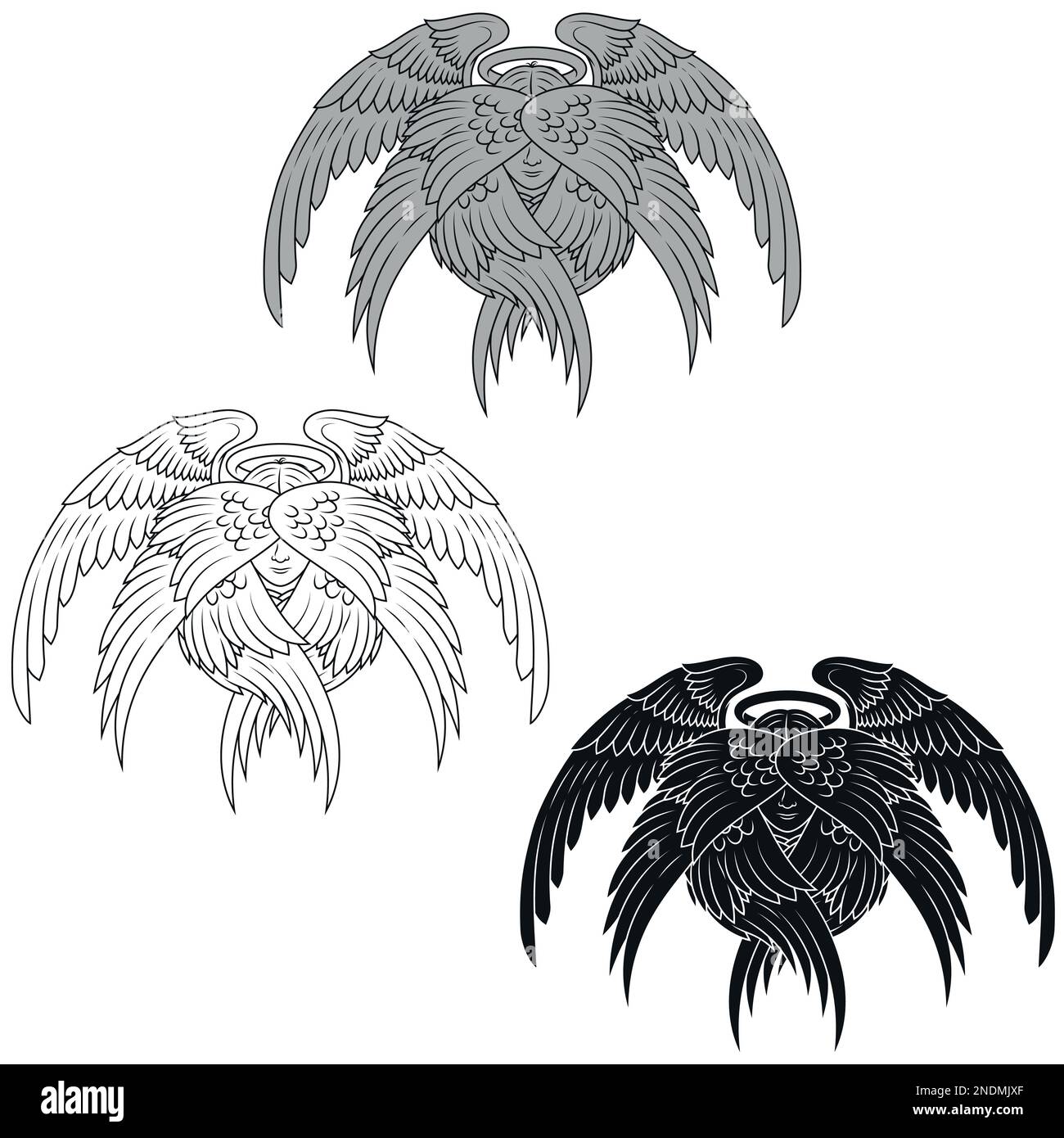 Dessin vectoriel de séraphe avec six ailes, visage angélique de la religion catholique, archange avec halo et plumes Illustration de Vecteur