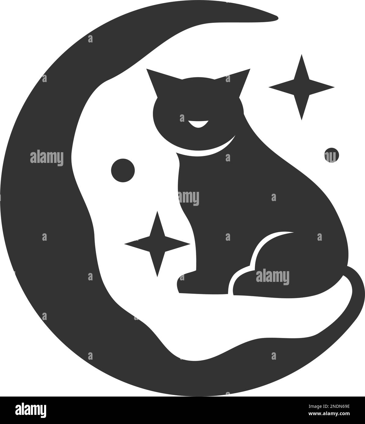 Dessin Original Signé Mateja – Chats Noirs Et Chaton Sous La Lune, Encre Et Crayon