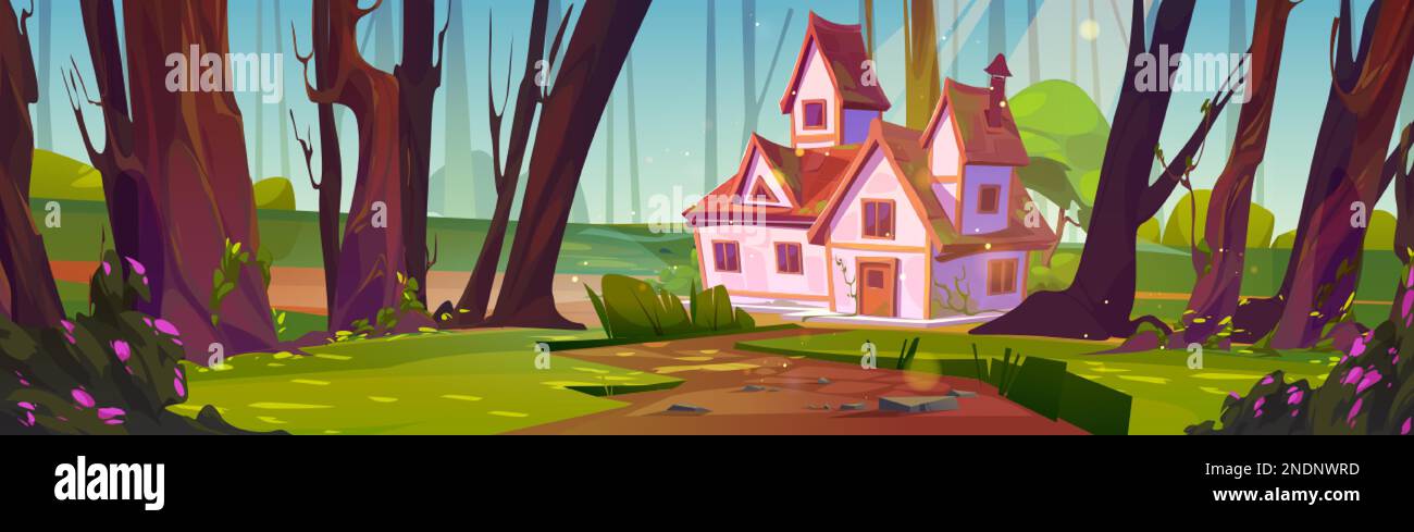 Maison de dessin animé en forêt d'été. Illustration vectorielle d'une route en bois menant à un chalet confortable avec toit rouge sur une verrière ensoleillée entourée de grands arbres, fleur Illustration de Vecteur