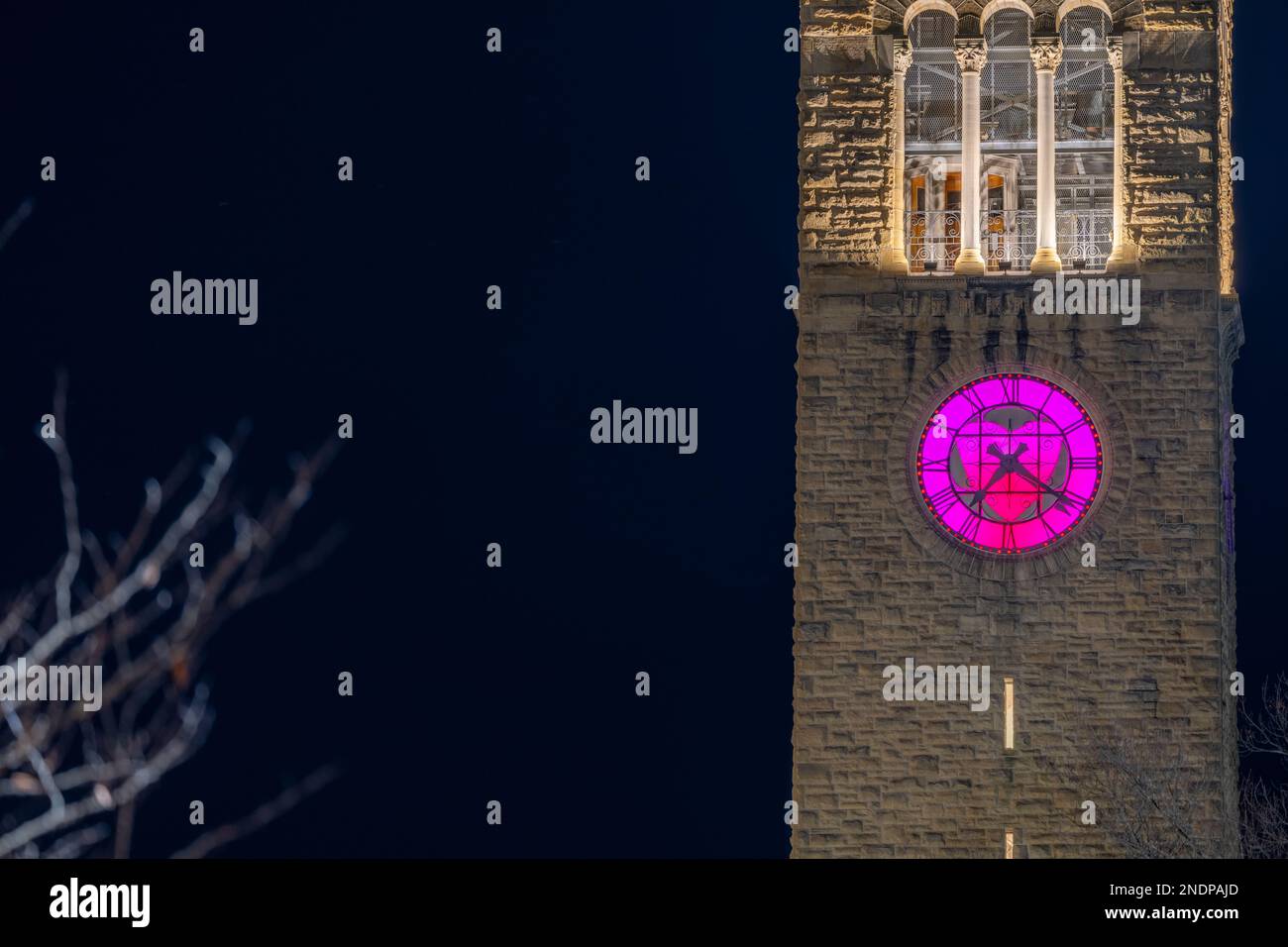 Ithaca, New York, États-Unis - 14 février 2023 : photo nocturne de la tour de l'horloge McGraw avec horloge face au coeur, un point de repère distinctif de l'université de Cornell. Banque D'Images