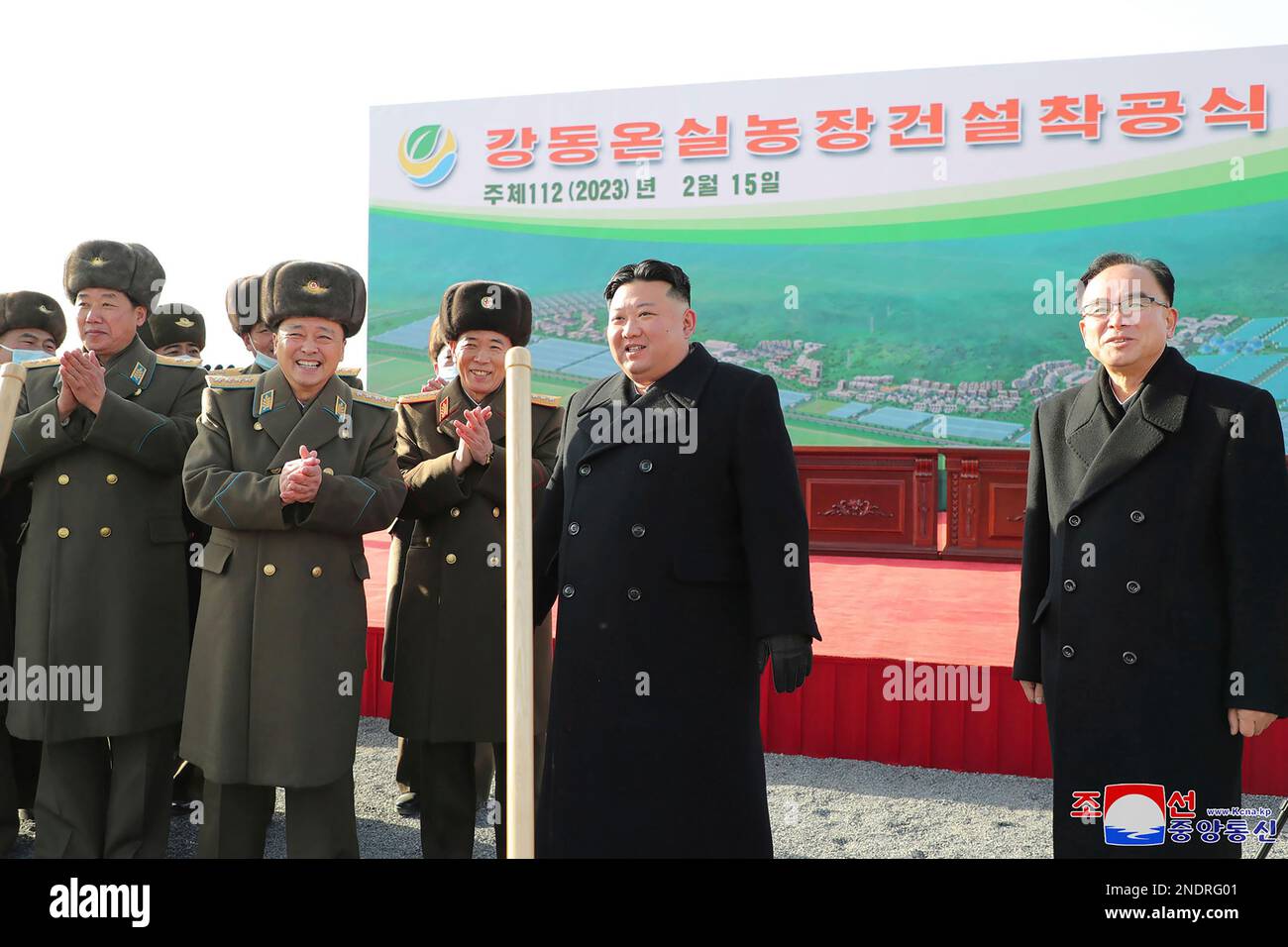 In this photo provided by the North Korean government, North Korean leader  Kim Jong Un, second right, participates in groundbreaking ceremonies for  new housing and farming projects in Pyongyang, North Korea Wednesday,