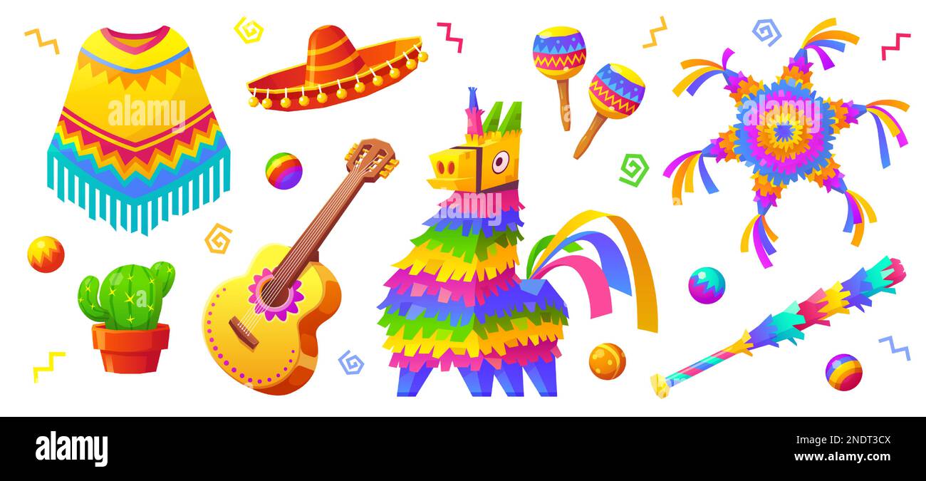 Ensemble de dessins animés d'accessoires de fête mexicaine isolés sur fond blanc. Illustration vectorielle de pinata d'âne traditionnel, guitare espagnole, maracas, sombrero, cactus en pot. Éléments anniversaire enfant Illustration de Vecteur