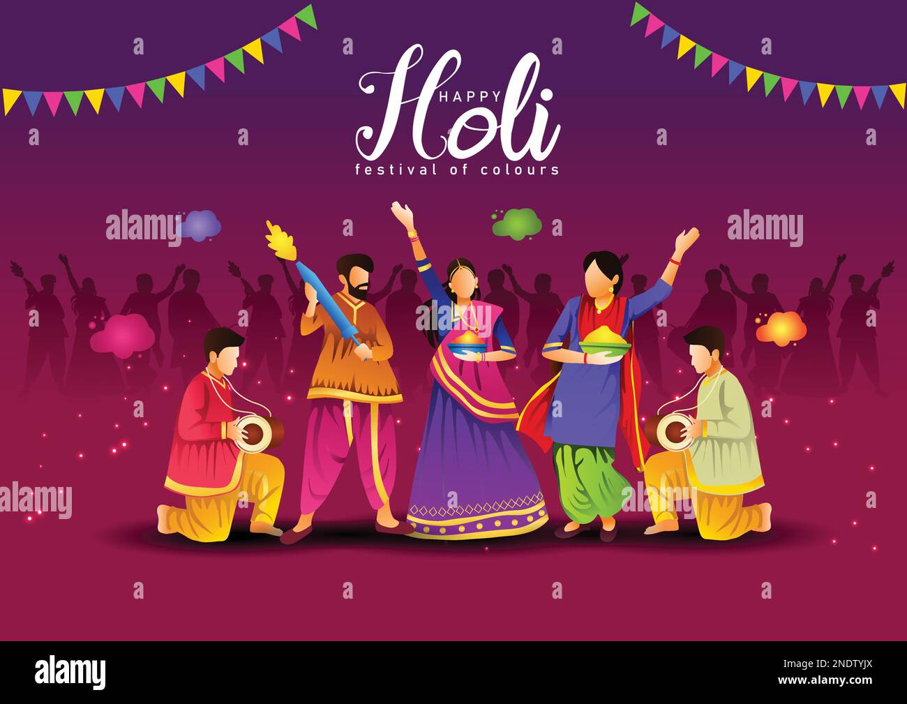 Joyeux festival holi de fond de l'Inde. groupe de personnes jouant de la danse holi. motif de bannière d'illustration vectorielle Illustration de Vecteur