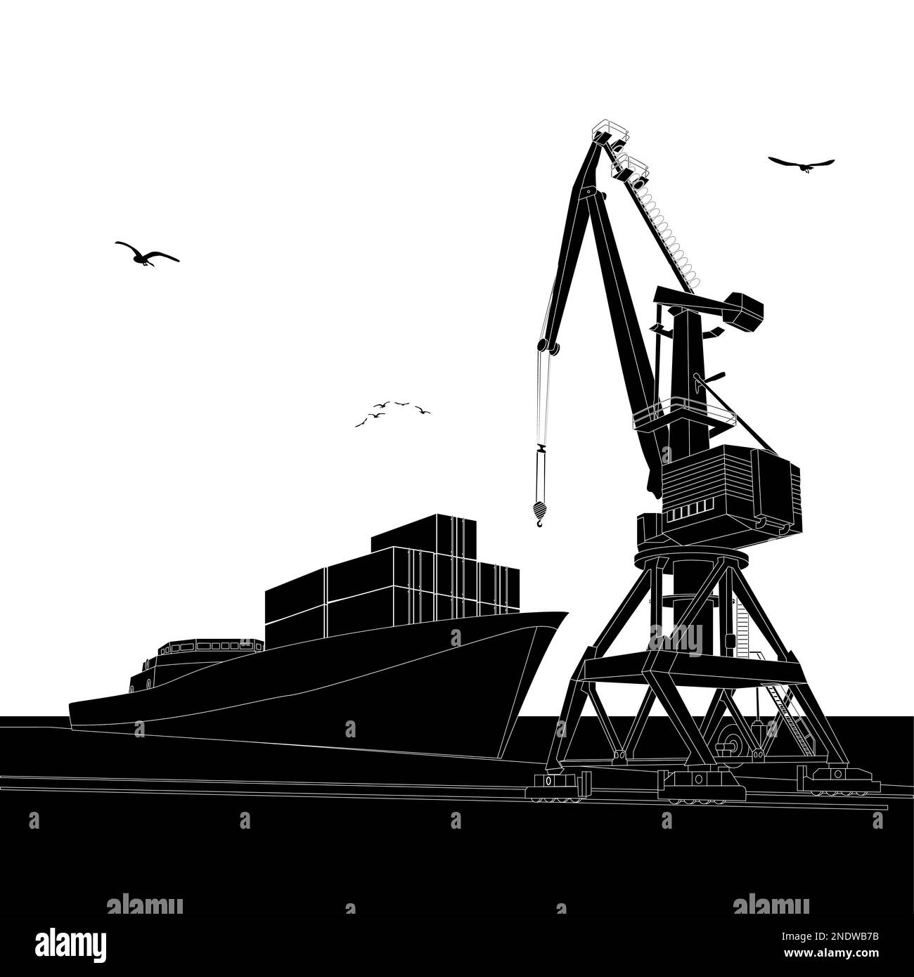 Silhouette grande grue de cargaison et navire avec des conteneurs dans le port. Illustration vectorielle. Banque D'Images
