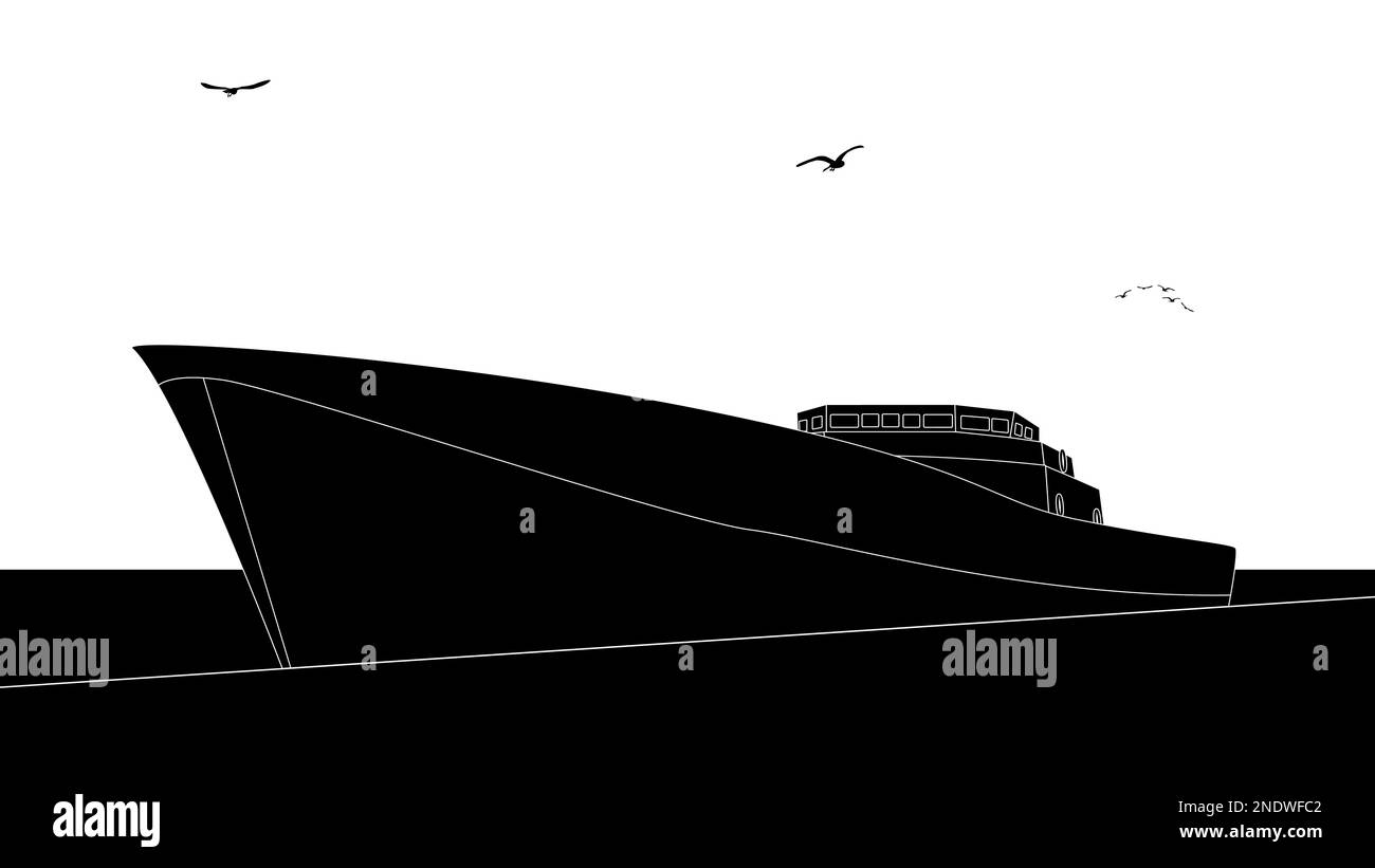 Silhouette Grand cargo sur la jetée avec des mouettes volantes dans le ciel. Illustration vectorielle. Banque D'Images
