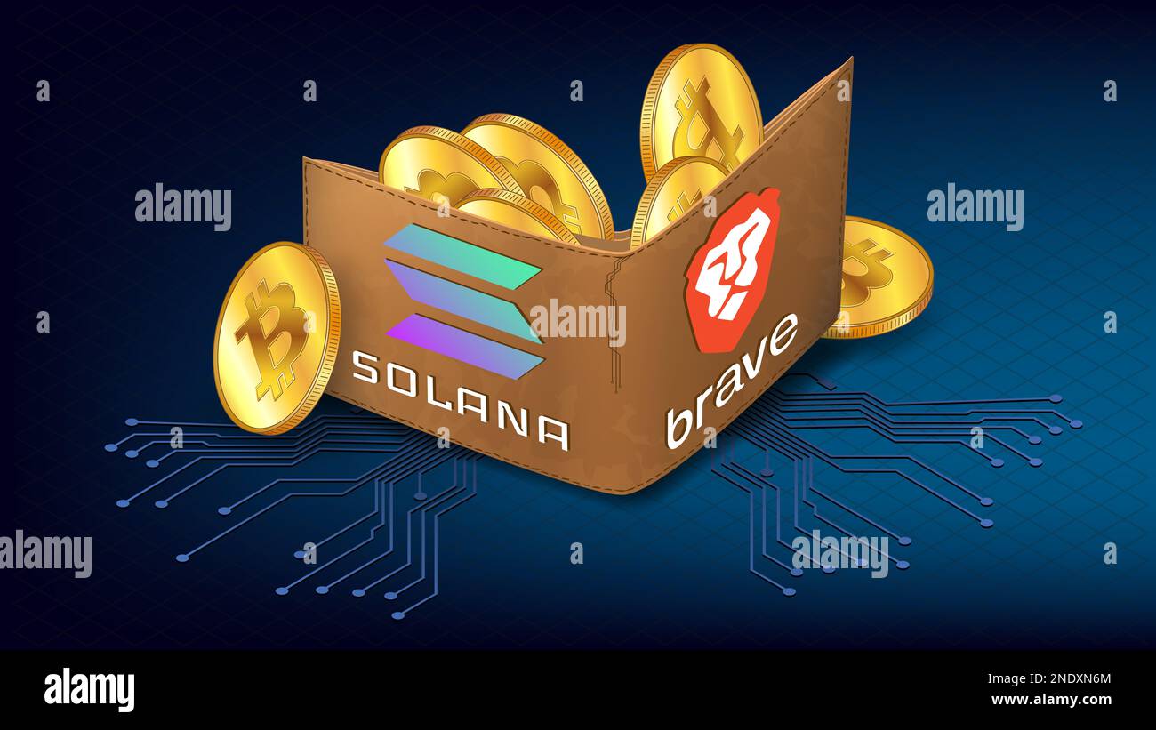 Portefeuille isométrique rempli de pièces de monnaie en or Bitcoin BTC et logo Brave navigateur et chaîne de blocs Solana sur bleu. Brave s'intègre désormais à Solana pour étendre le Web Banque D'Images