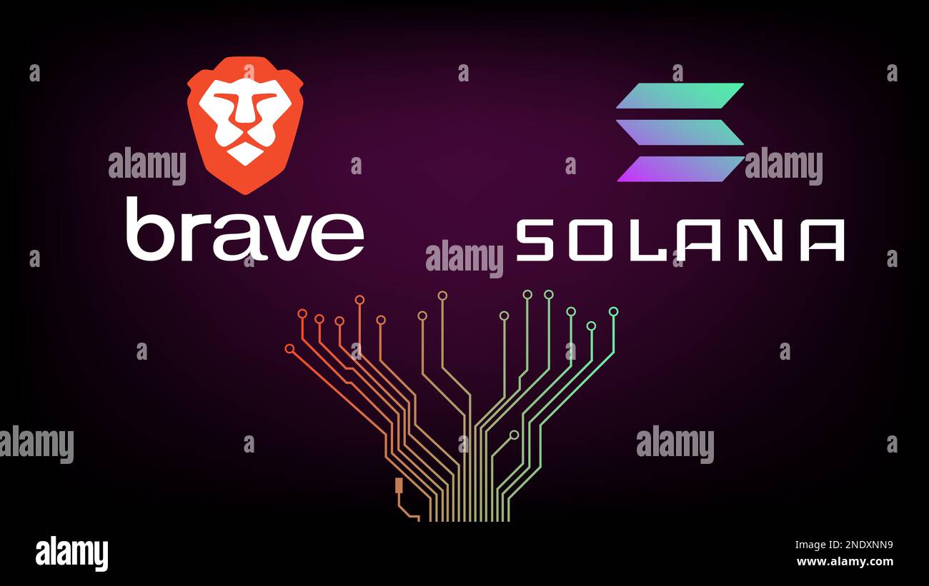 Logo Brave Browser et symbole Solana blockchain avec pistes de circuit imprimé sur fond sombre. Brave s'intègre désormais à Solana pour étendre l'accès à Web3. Banque D'Images