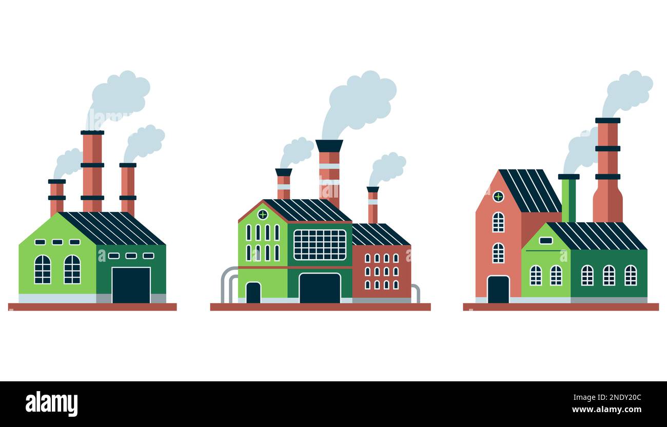 collection d'usine industrielle de bâtiment écologique. bâtiment avec cheminée et fumée. illustration vectorielle plate. Illustration de Vecteur
