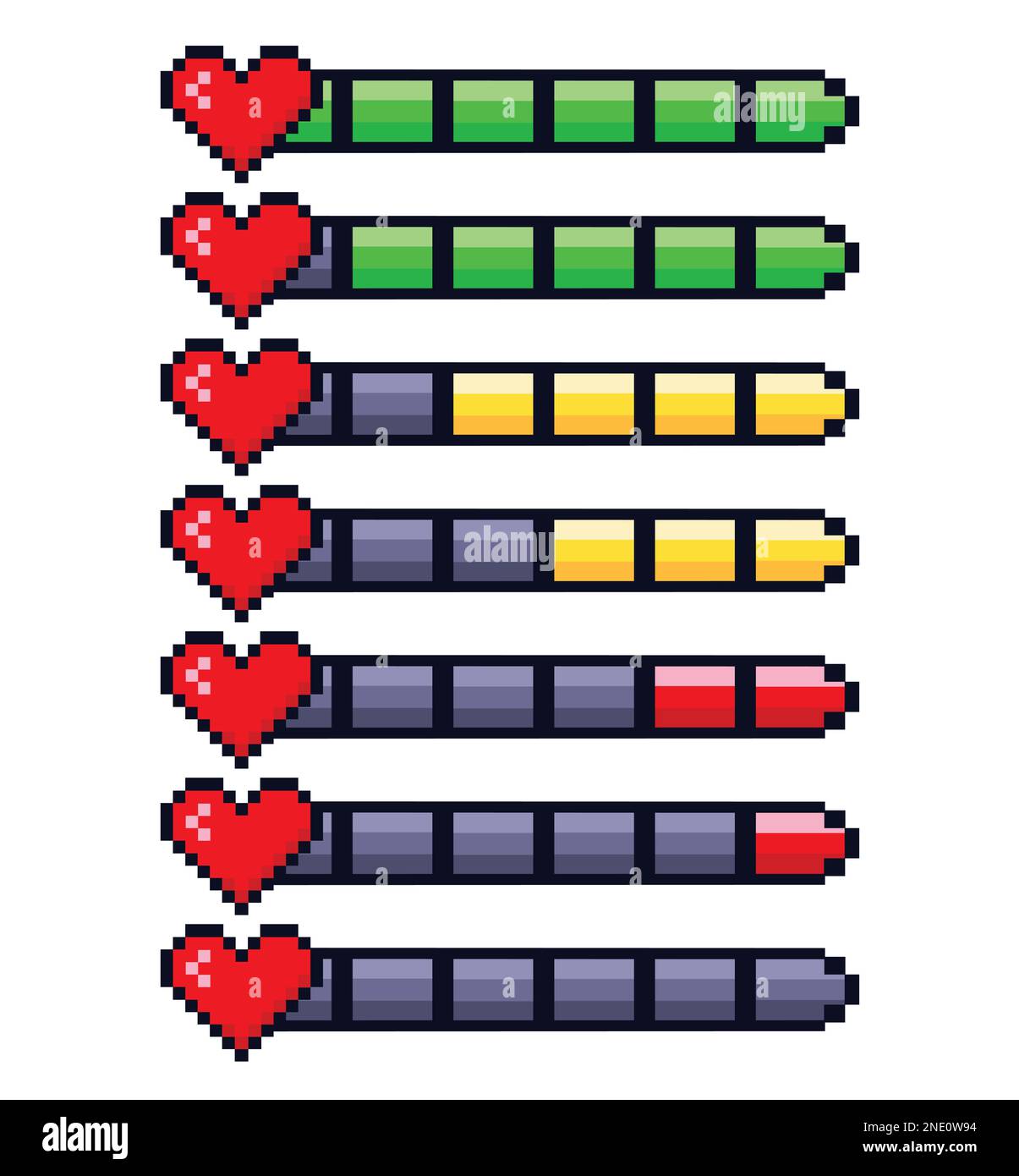 Illustration du vecteur de jeu de barres de durée de vie de cœur de pixel. Cœur en 8 bits. Icônes de jeu de pixels de style rétro. Illustration de Vecteur