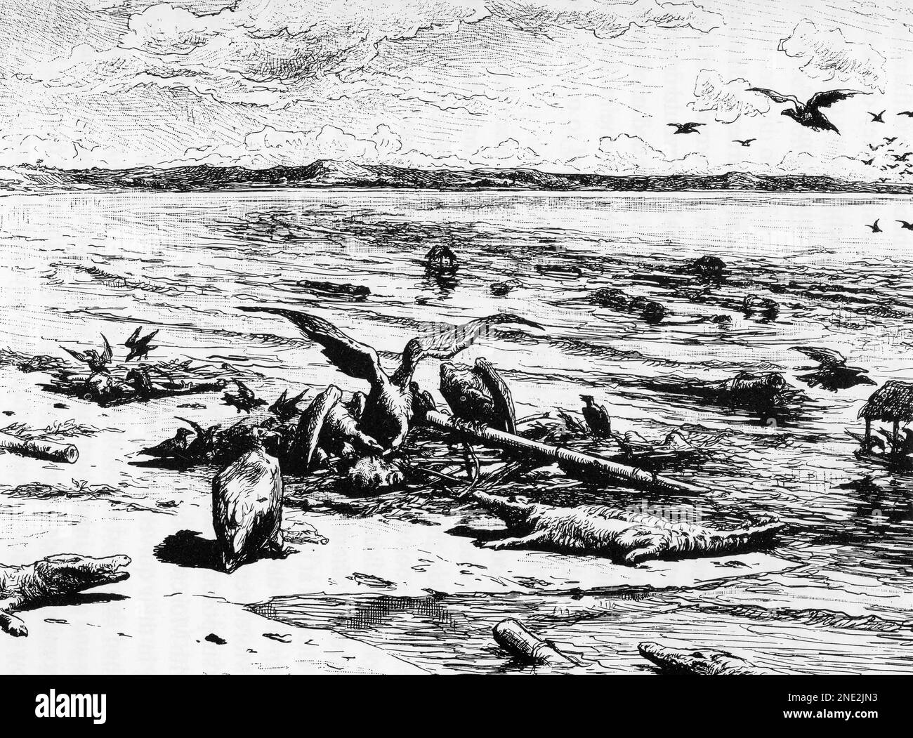 Le Mékong pendant une épidémie de choléra; croquis d'Eugene Burnand (c.1882) Banque D'Images